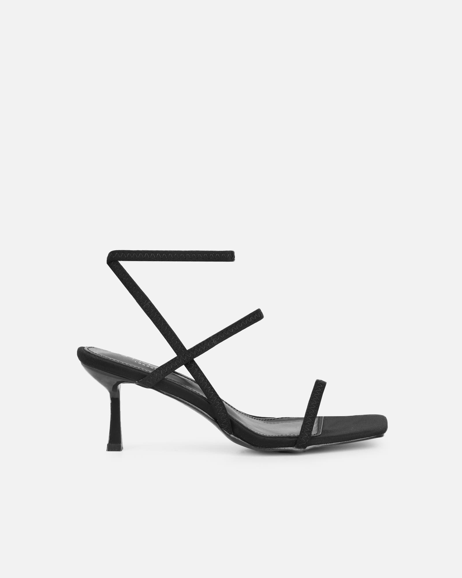 Karson Black Lycra Strappy Heeled Sandals | SIMMI London