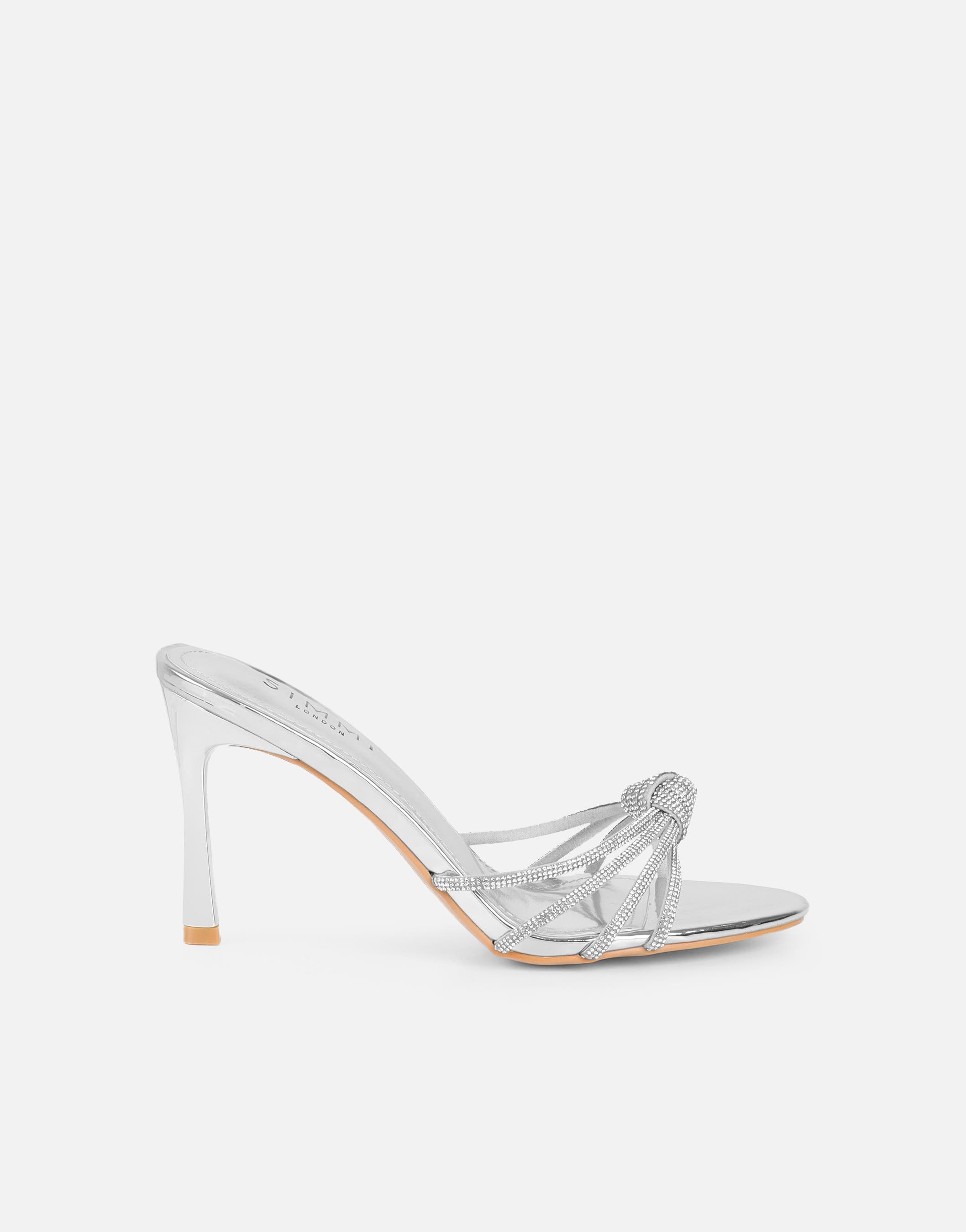 Kyla Silver Mirror Diamante Knot Mules | SIMMI London