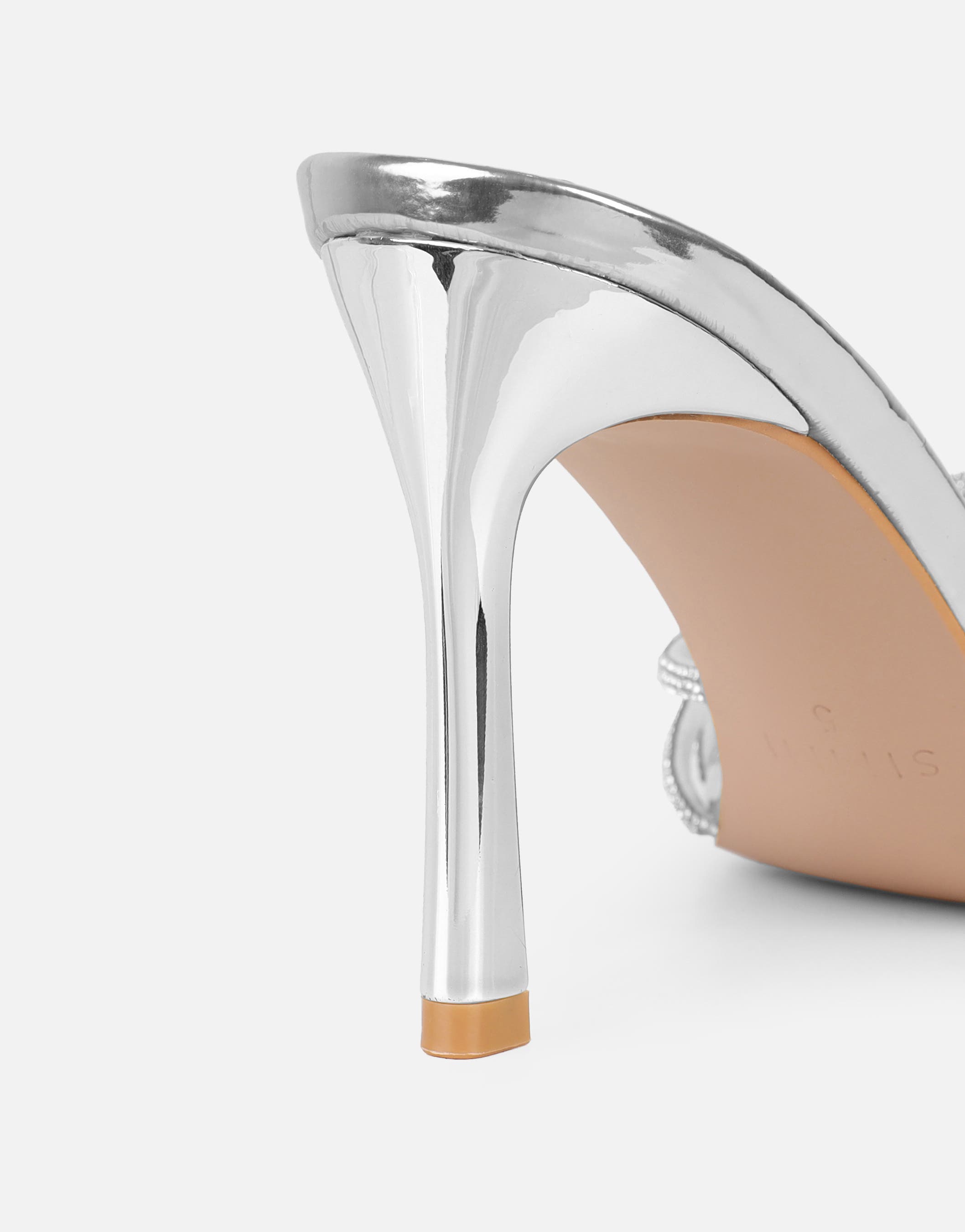 Kyla Silver Mirror Diamante Knot Mules | SIMMI London