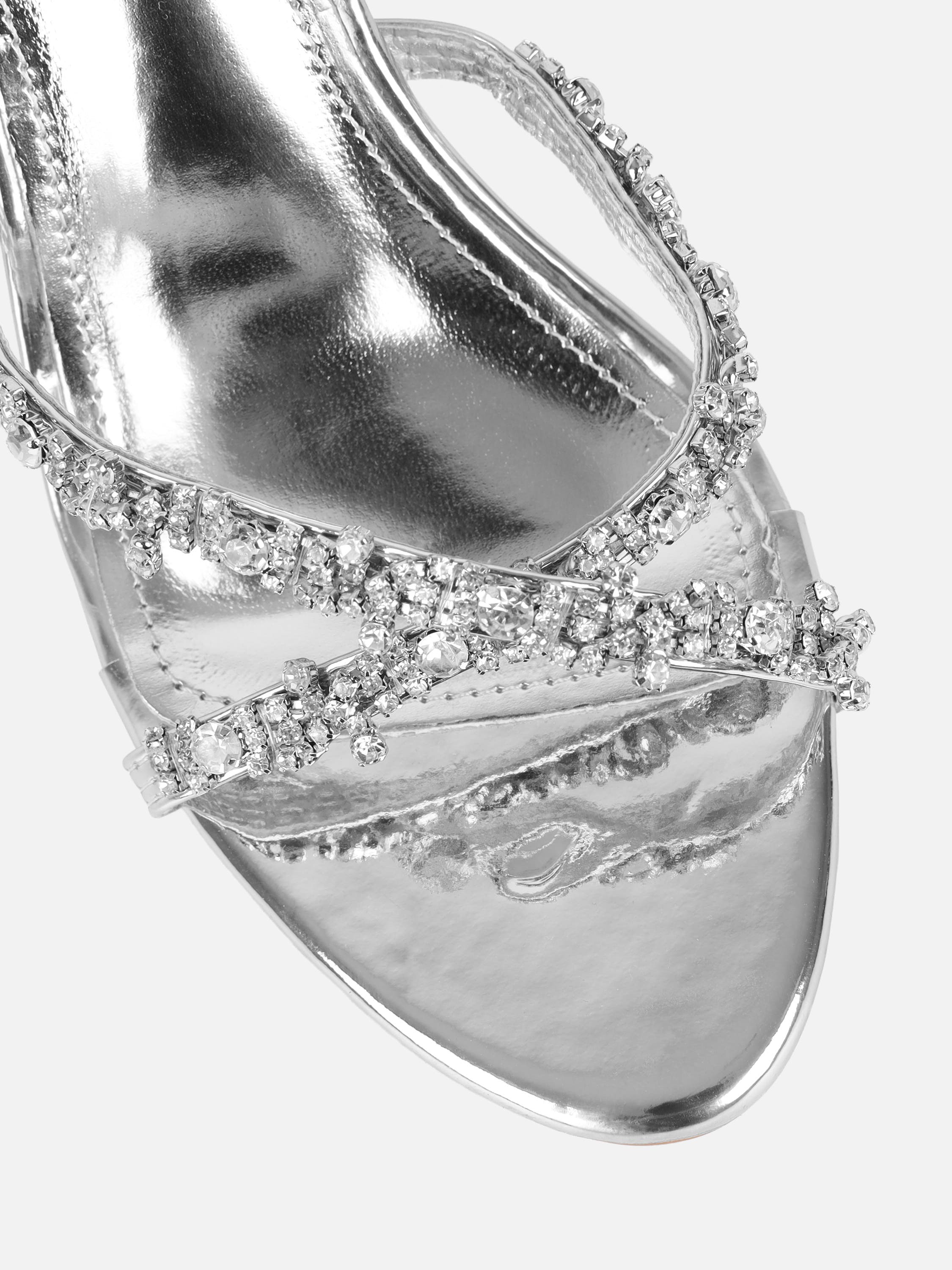 Keely Silver Mirror Diamante Crossover Mules | SIMMI London