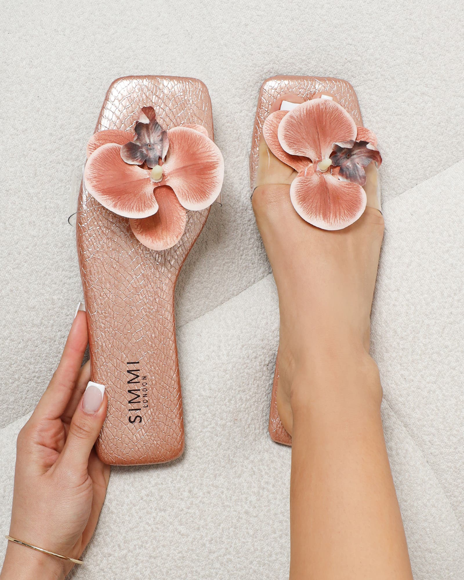 Pina Rose Gold Snake Flower Slip on Flats | SIMMI London