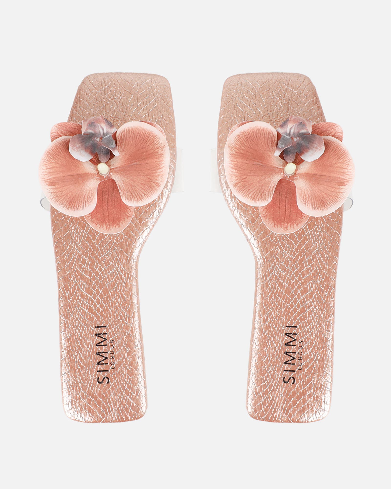 Pina Rose Gold Snake Flower Slip on Flats | SIMMI London