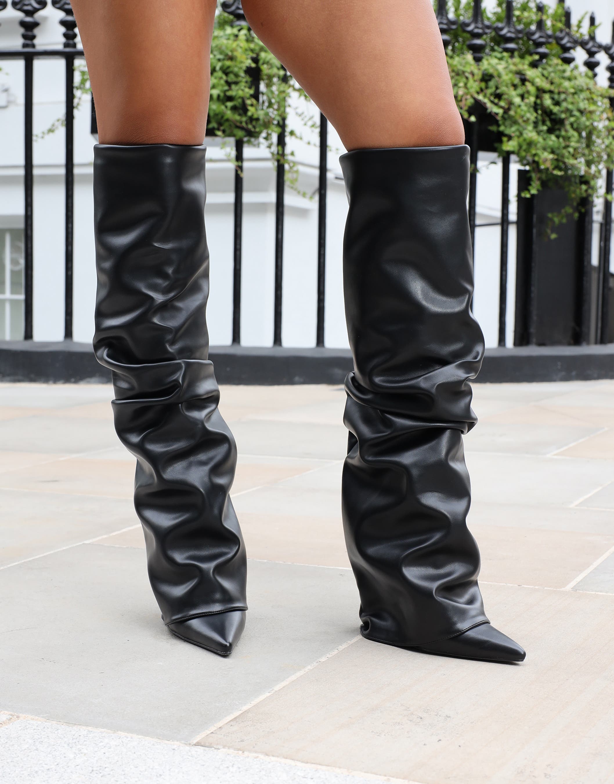 Lukas Black Ruched Fold Over Knee High Boots | SIMMI London