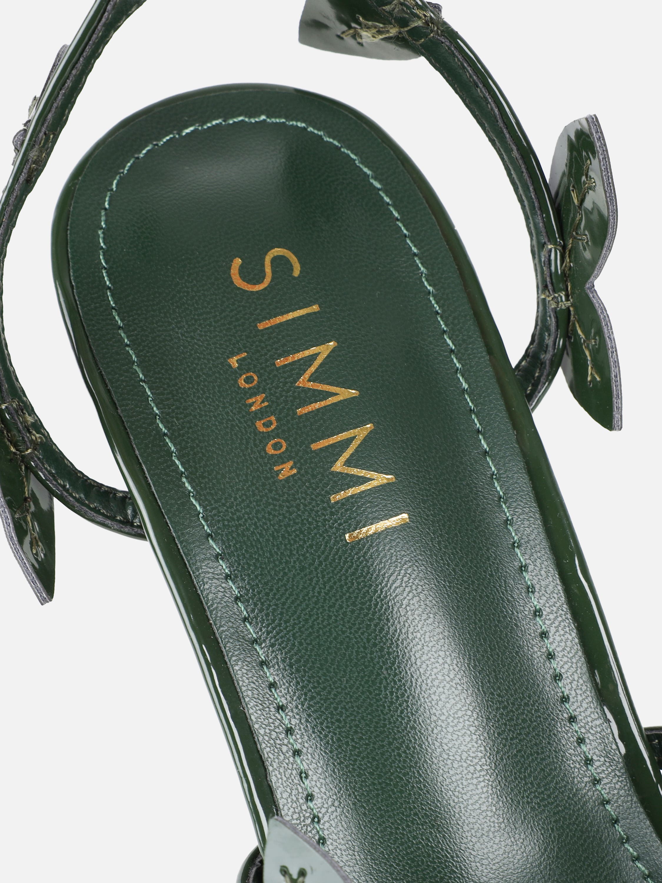 Lesia Forest Green Patent Leaf Detail Heeled Sandals | SIMMI London