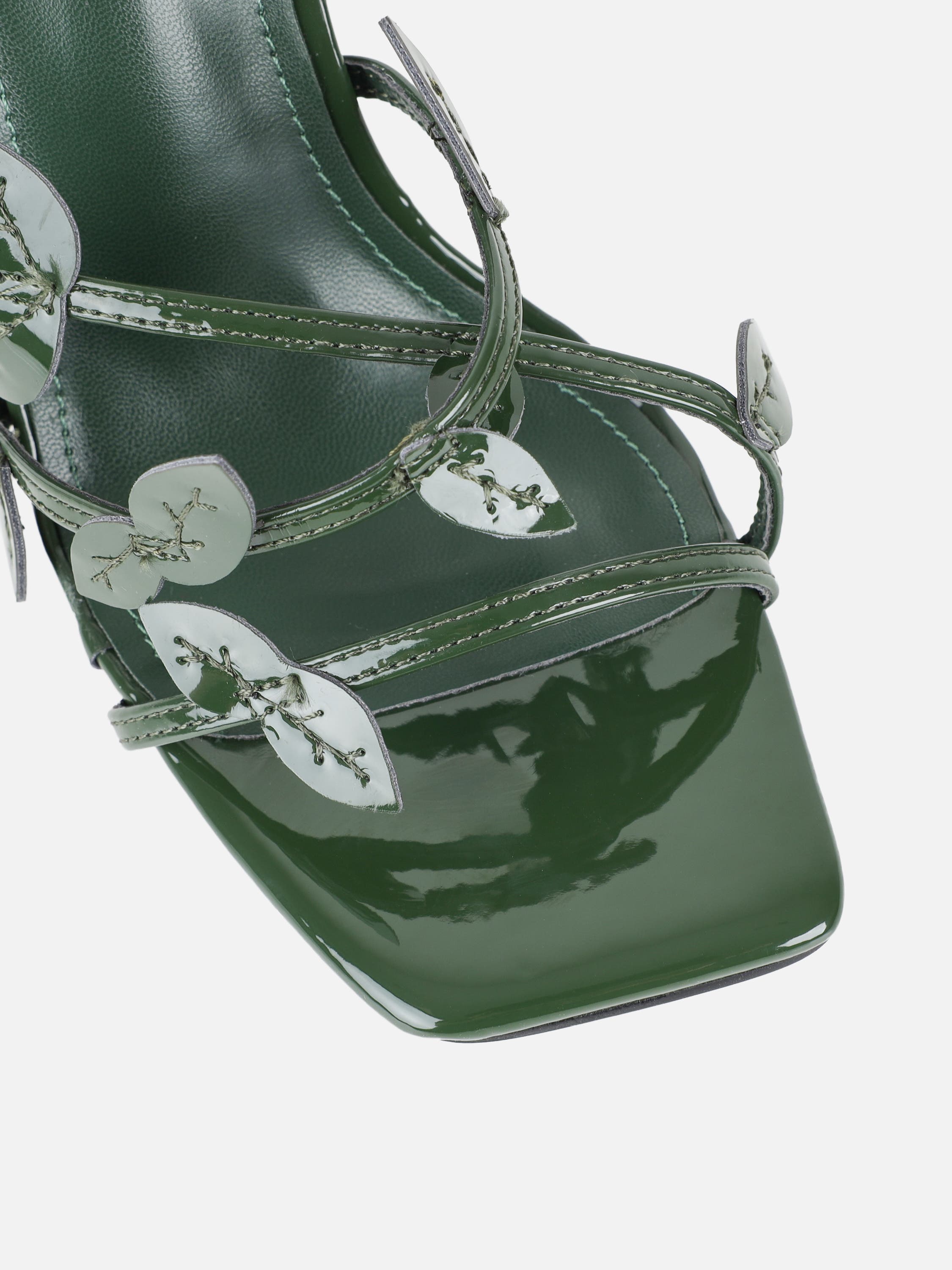 Lesia Forest Green Patent Leaf Detail Heeled Sandals | SIMMI London