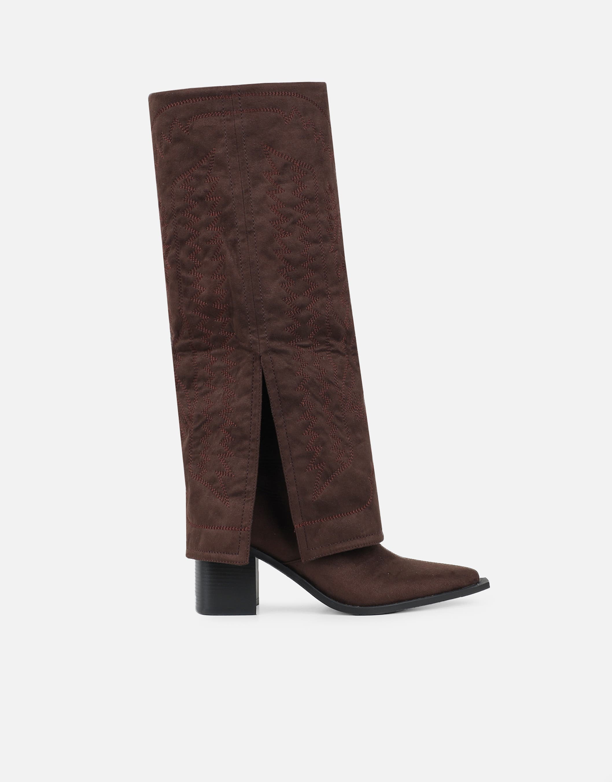 Liston Brown Suede Western Stitch Detail Heeled Boots | SIMMI London