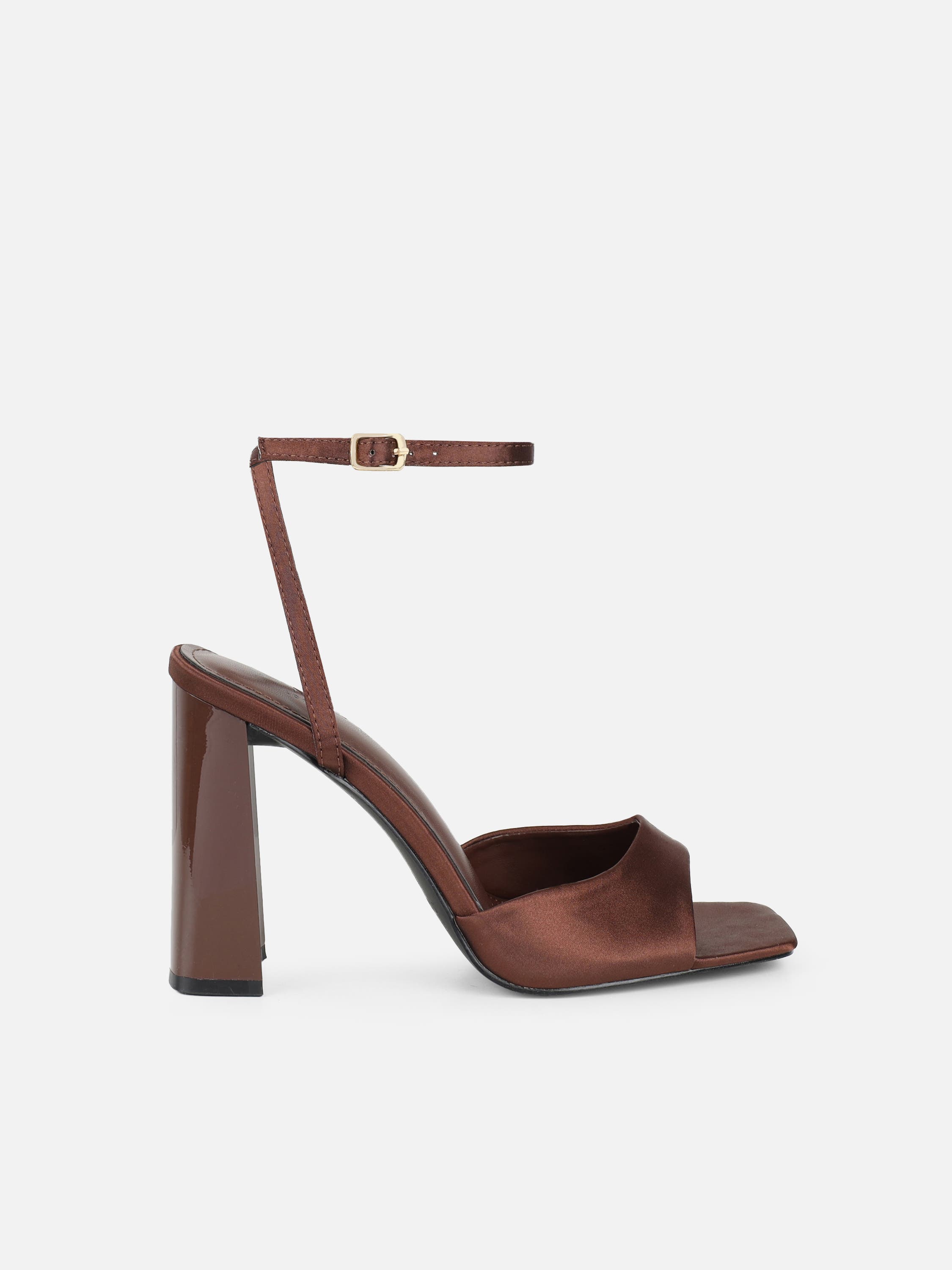 Jeena Chocolate Satin Block Heeled Sandals | SIMMI London