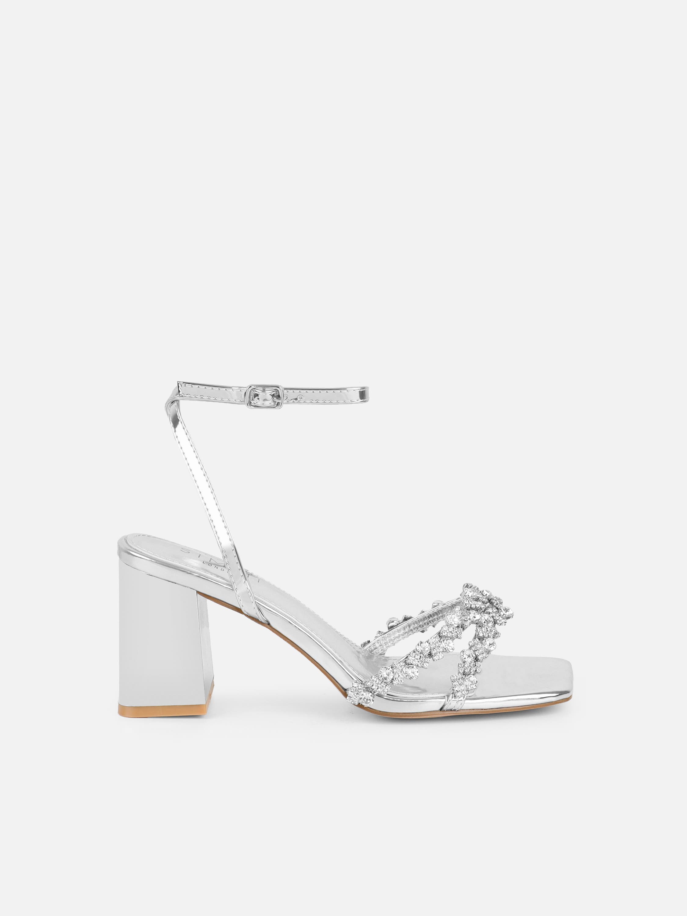 Meave Silver Mirror Diamante Block Heeled Sandals | SIMMI London
