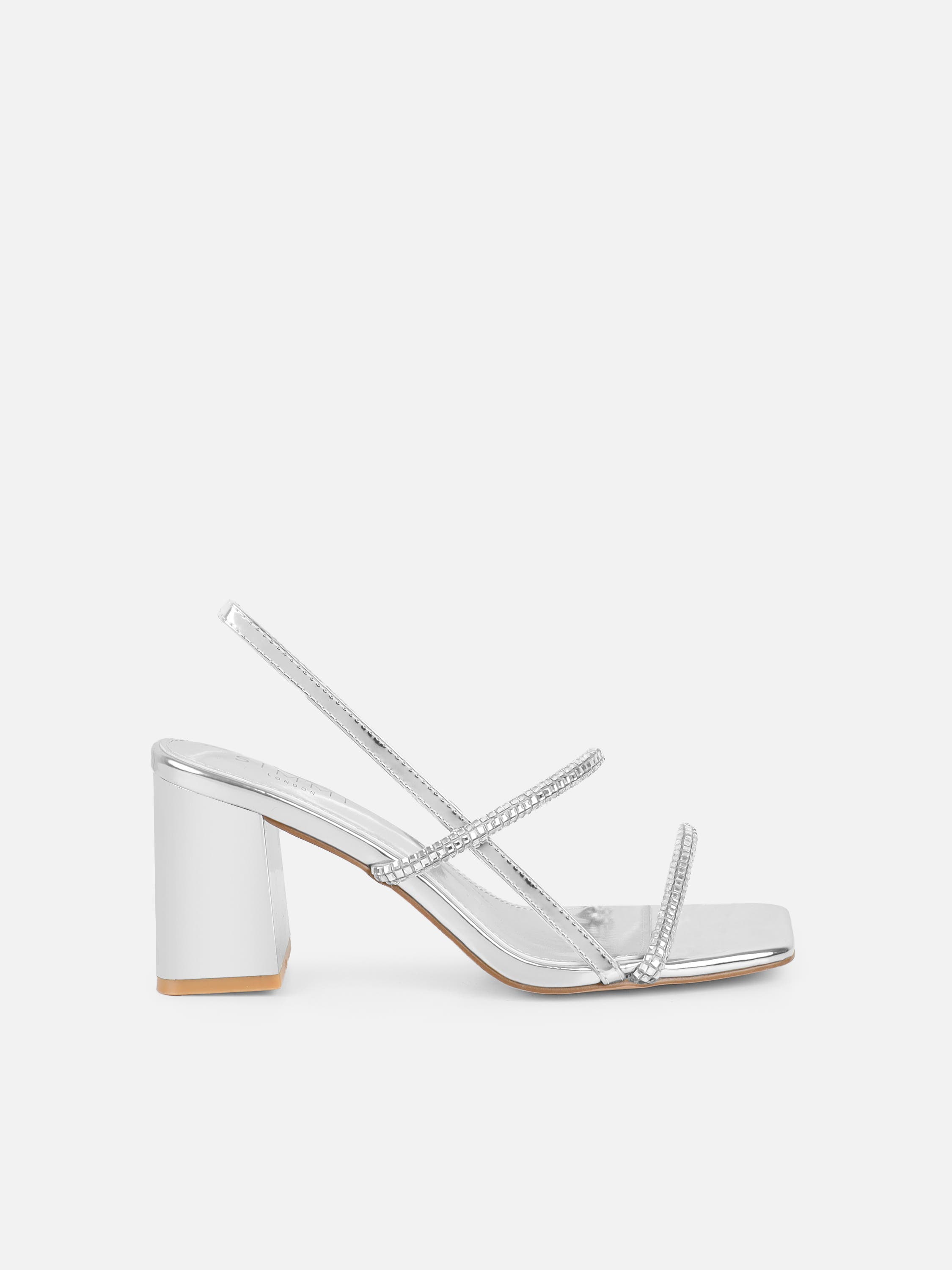 Mayaa Silver Mirror Diamante Slingback Block Heeled Sandals | SIMMI London