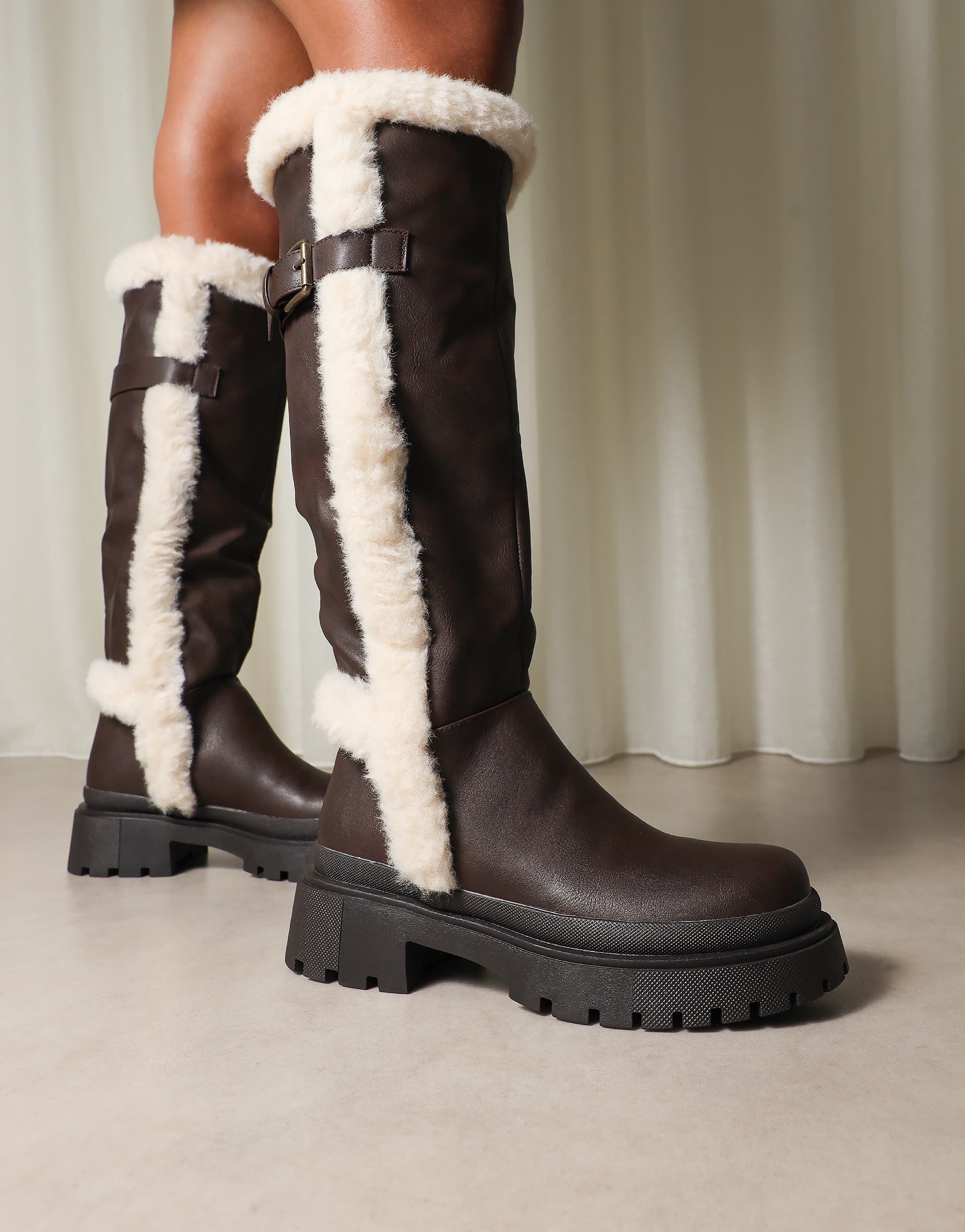 Earhart Brown Faux Fur Detail Chunky Boots | SIMMI London