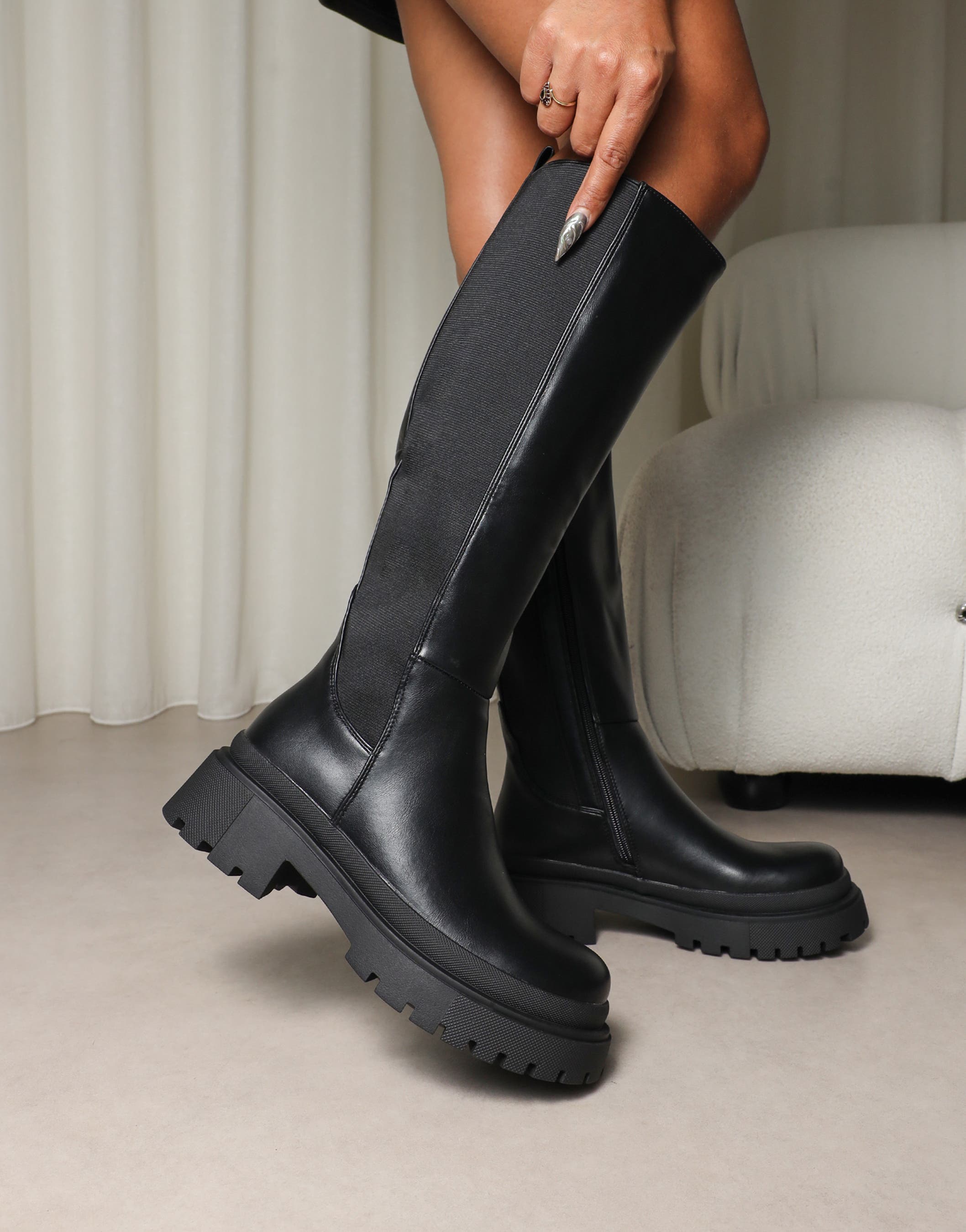 Remus Black Knee High Sock Chunky Boots | SIMMI London