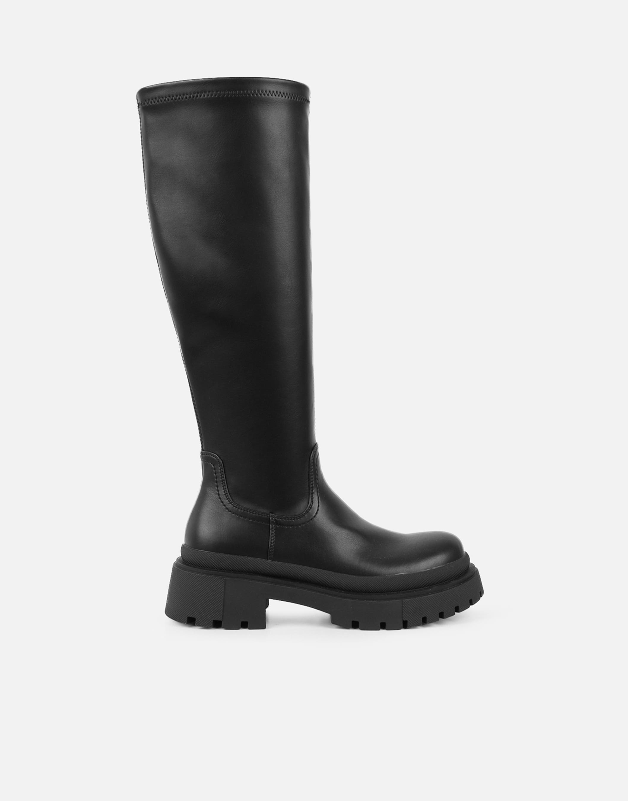 Mon Black Stretch Knee High Chunky Boots | SIMMI London