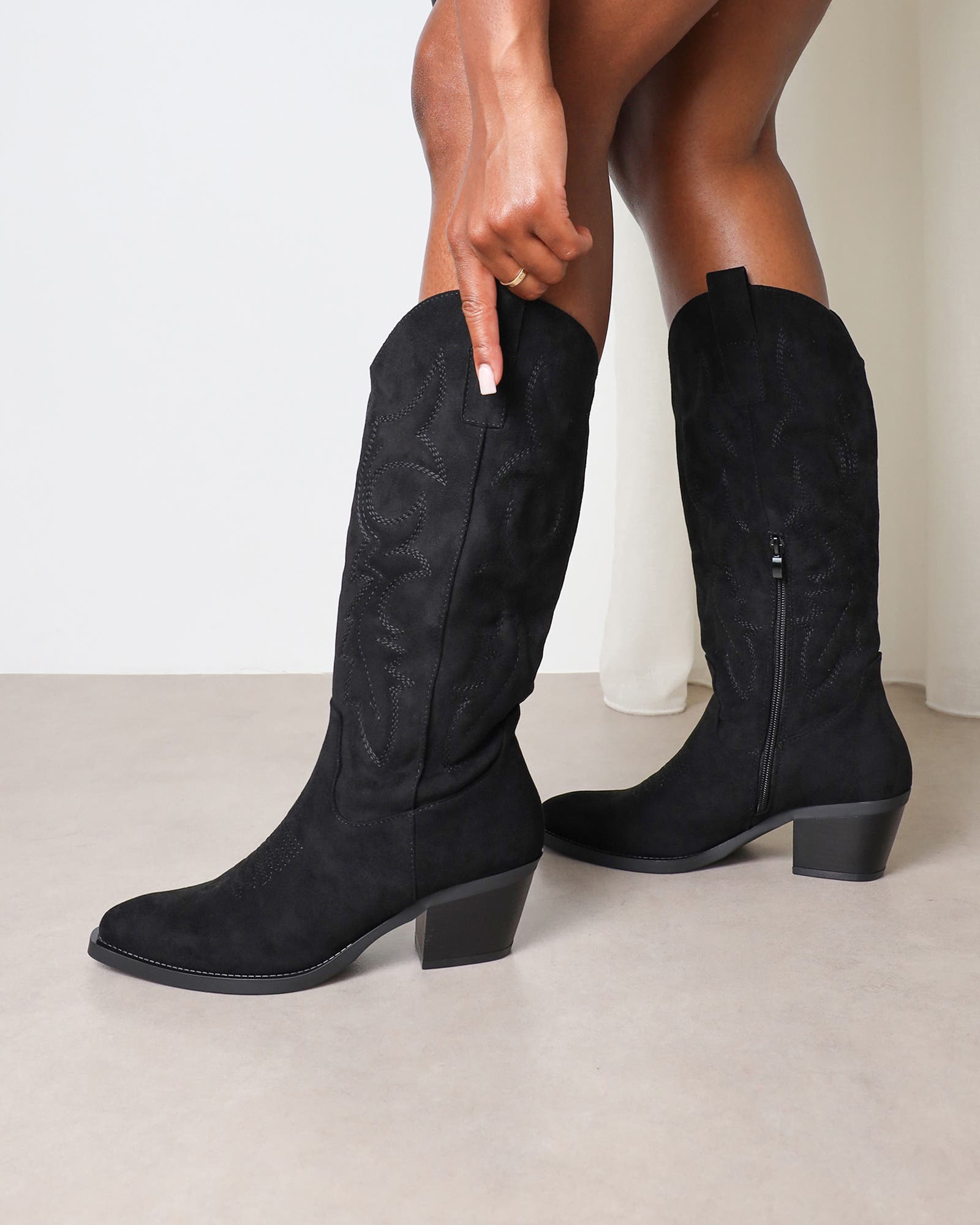 Marsha Black Suede Embroidered Western Calf Boot | SIMMI London