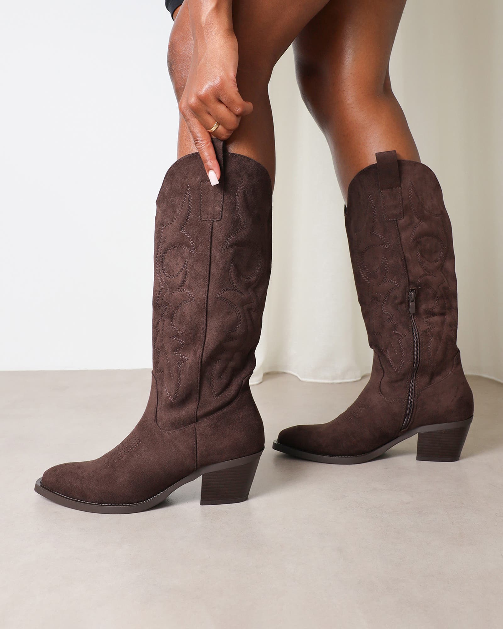 Marsha Brown Suede Embroidered Western Calf Boot | SIMMI London