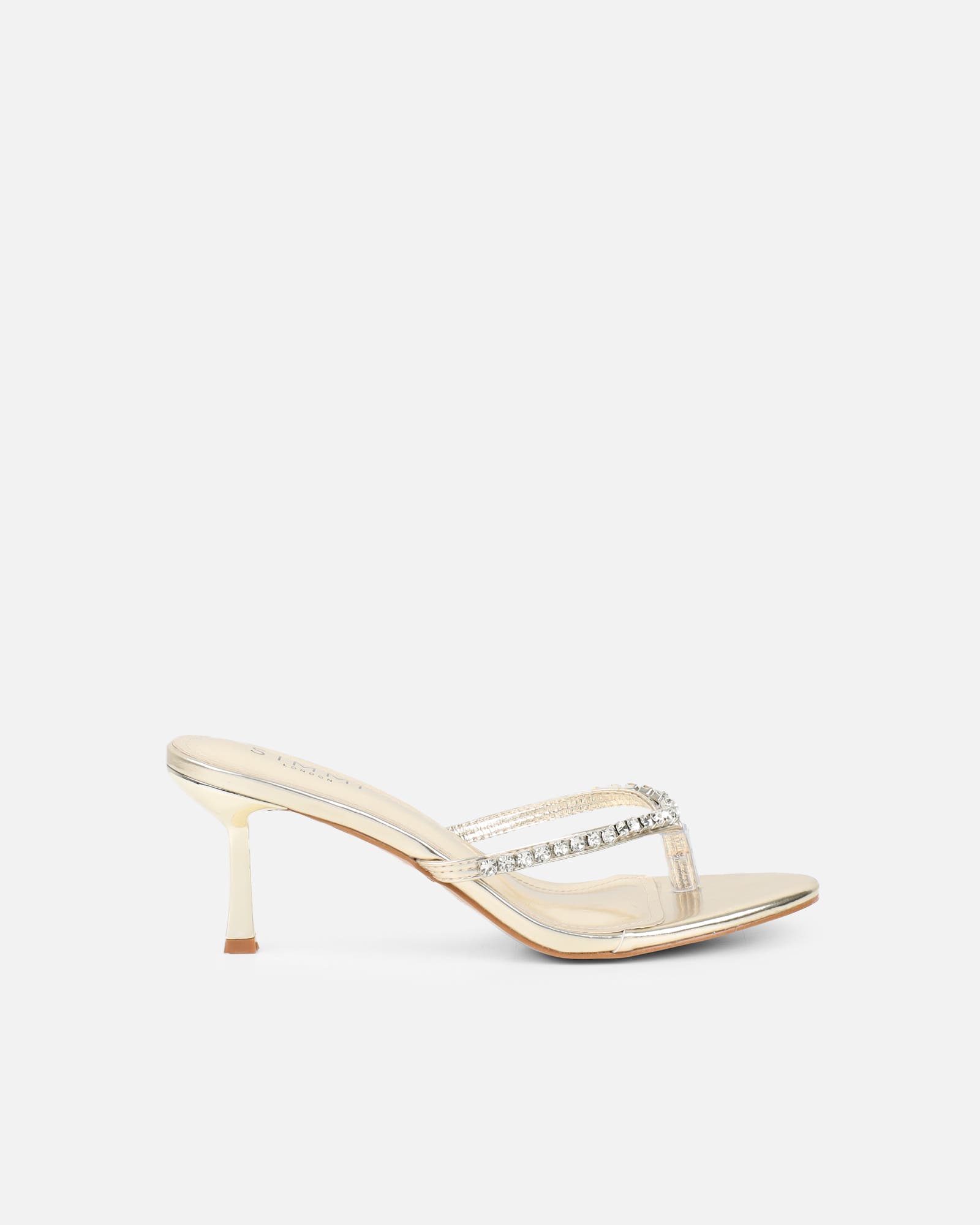 Sheen Gold Metallic Diamante Toe Thong Heeled Sandals | SIMMI London