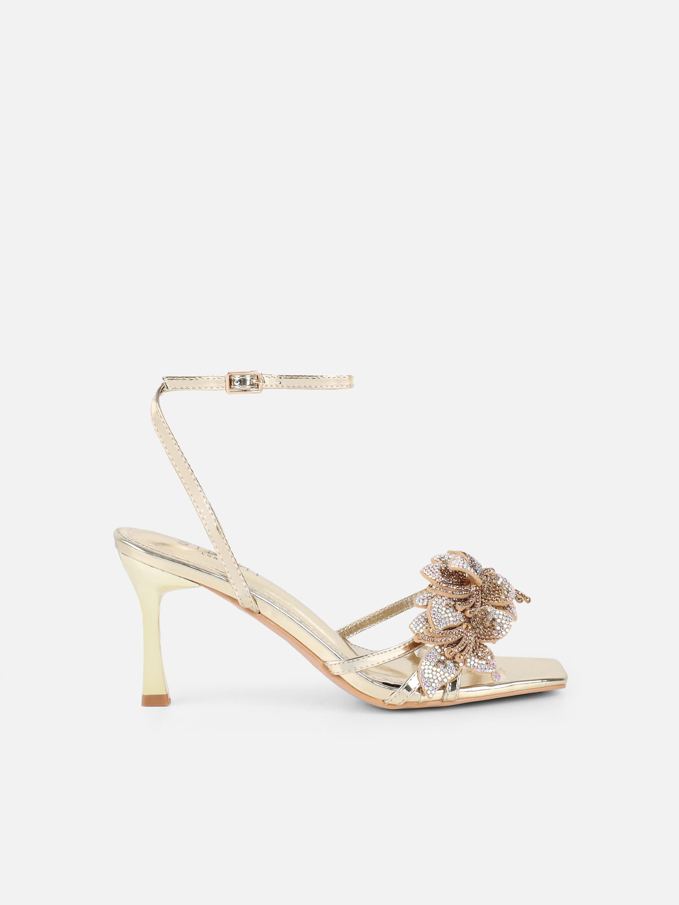 Polly Gold Mirror Flower Detail Heeled Sandals | SIMMI London