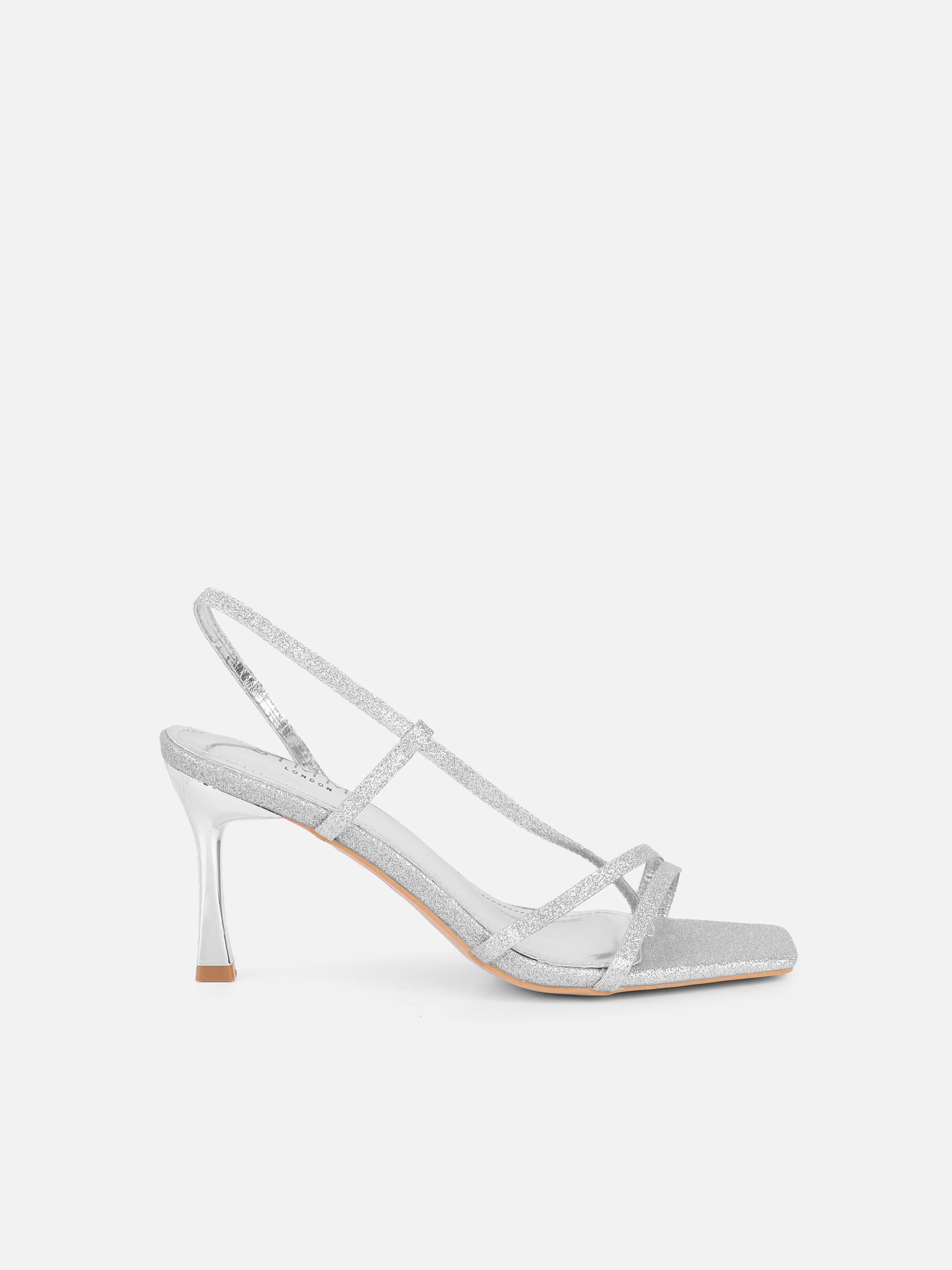 Pollis Silver Glitter Strappy Heeled Sandals | SIMMI London