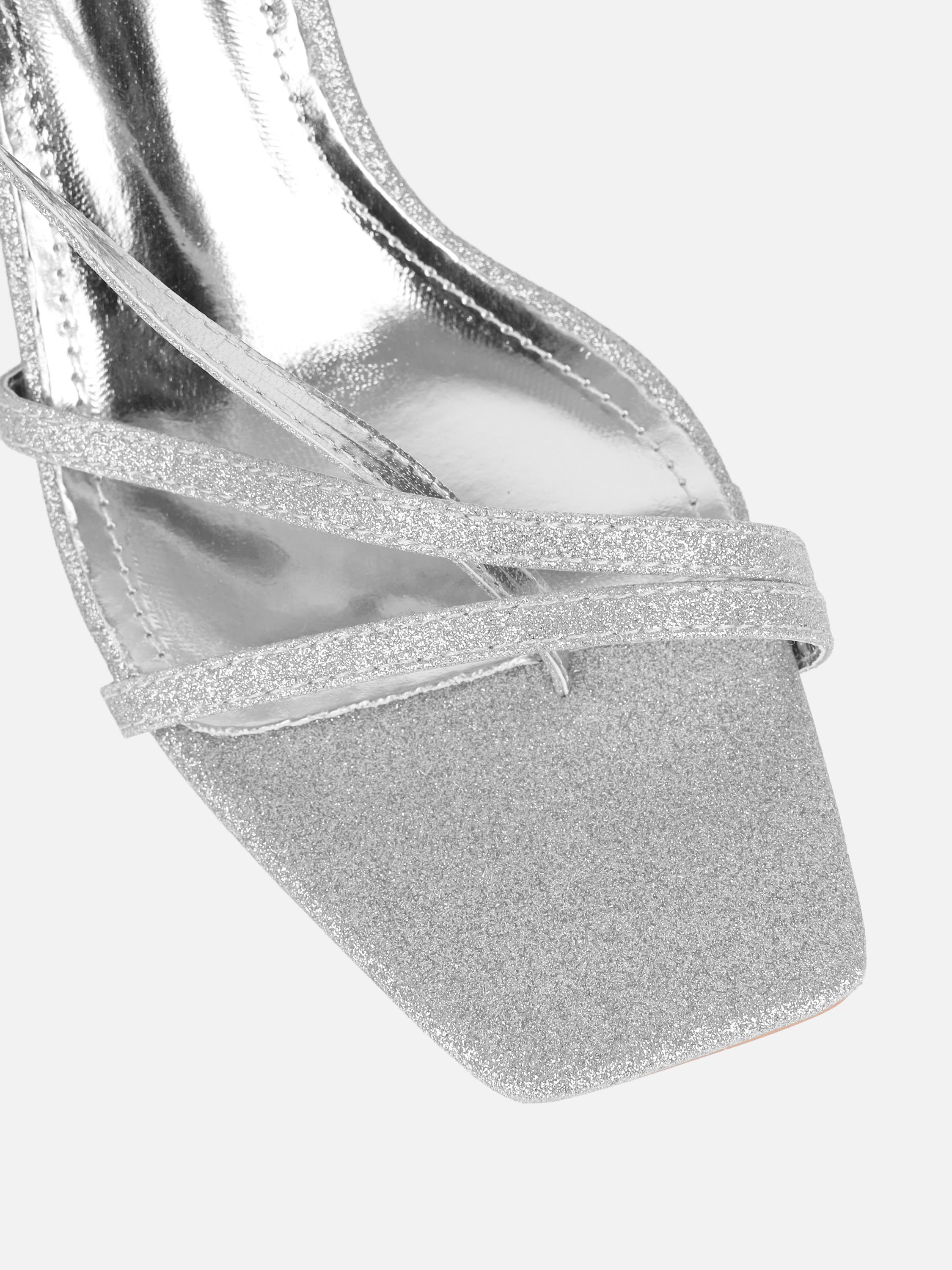 Pollis Silver Glitter Strappy Heeled Sandals | SIMMI London