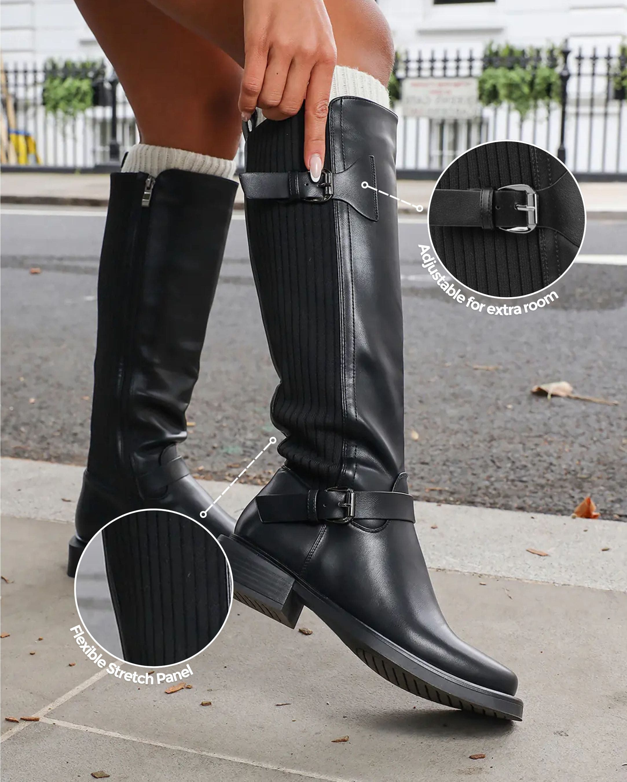 Dilly Black Knee High Buckle Detail Sock Boots