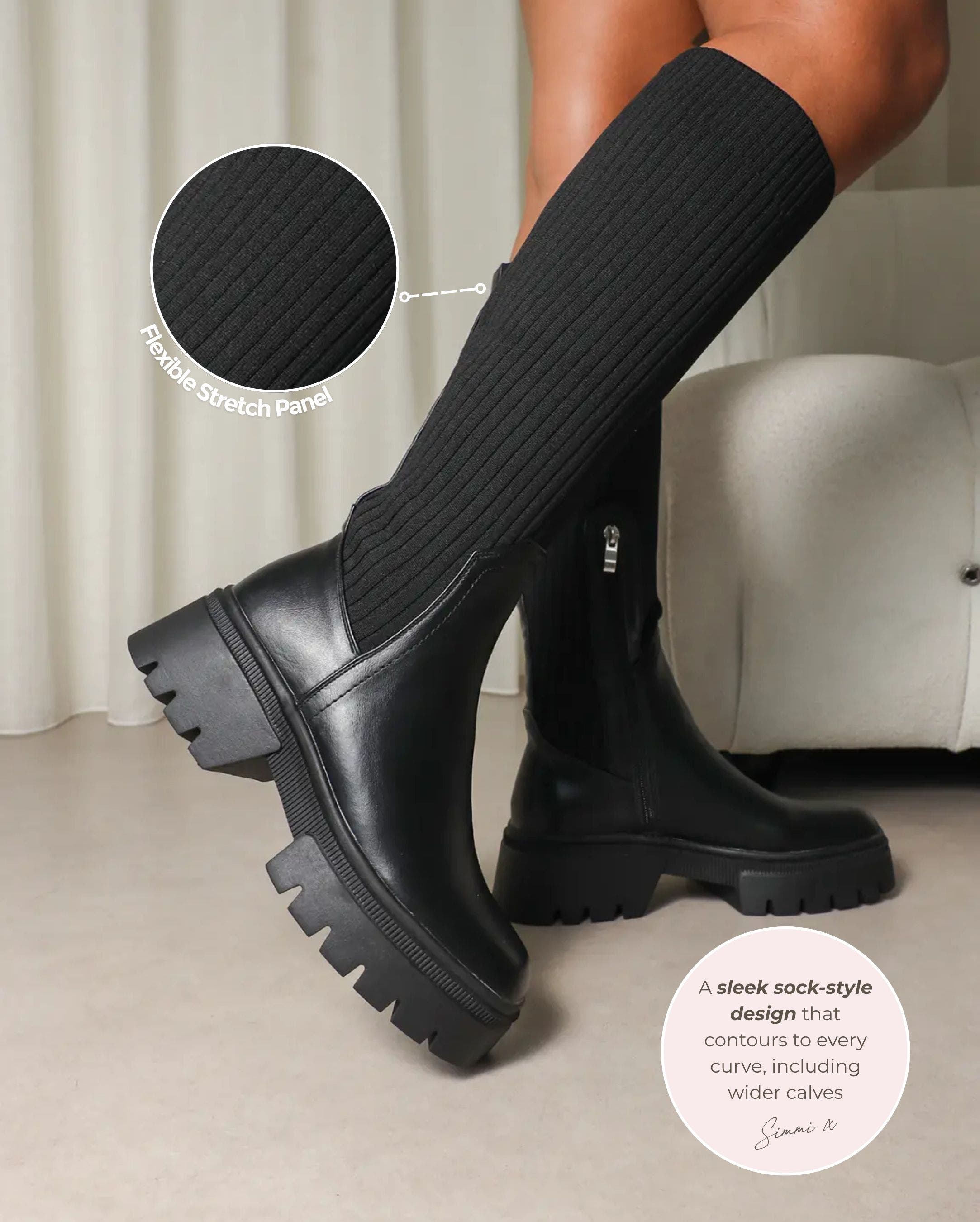 Kenneth Black Knit Knee High Chunky Boots