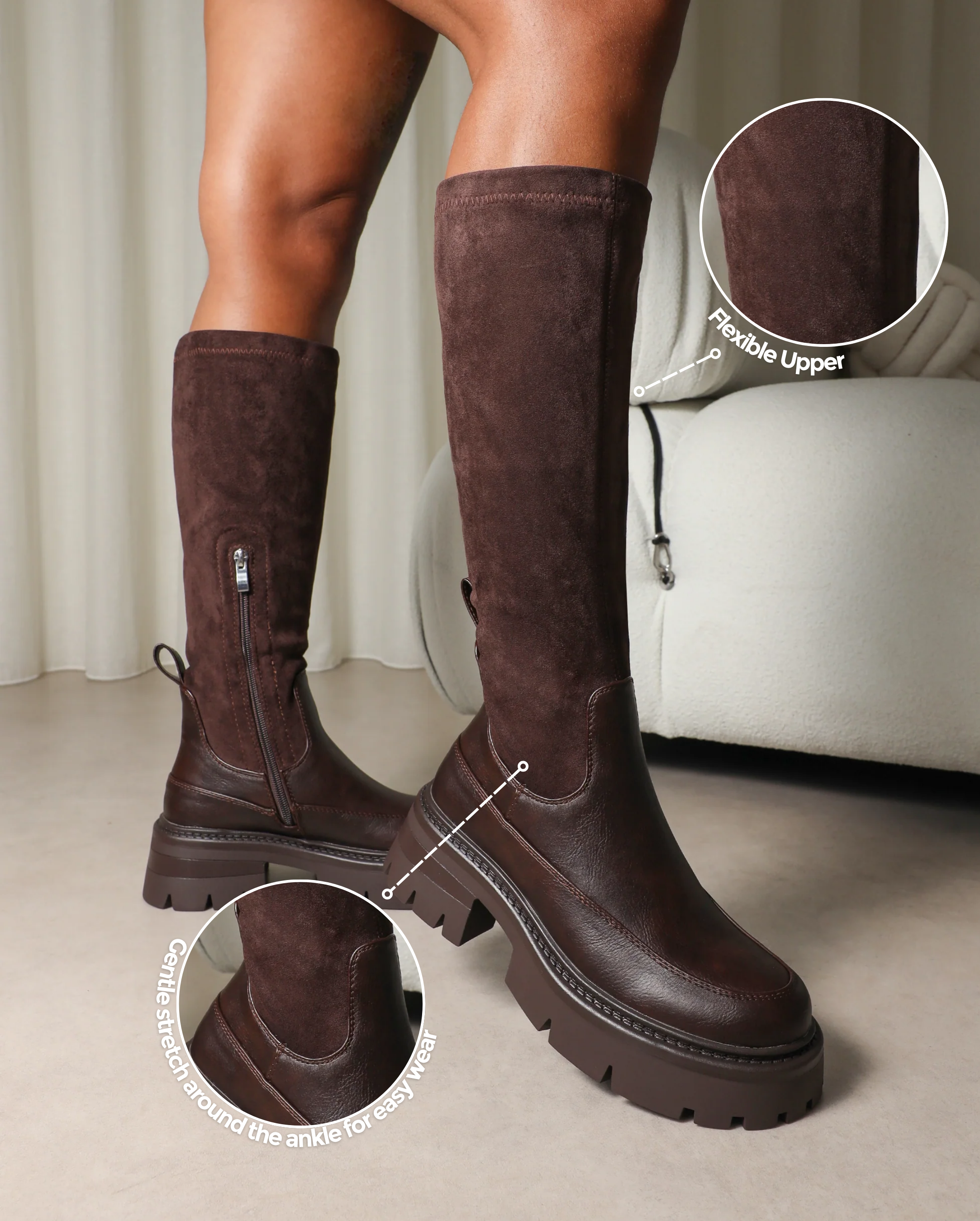 Chorley Brown Microfibre Stretch Chunky Boots