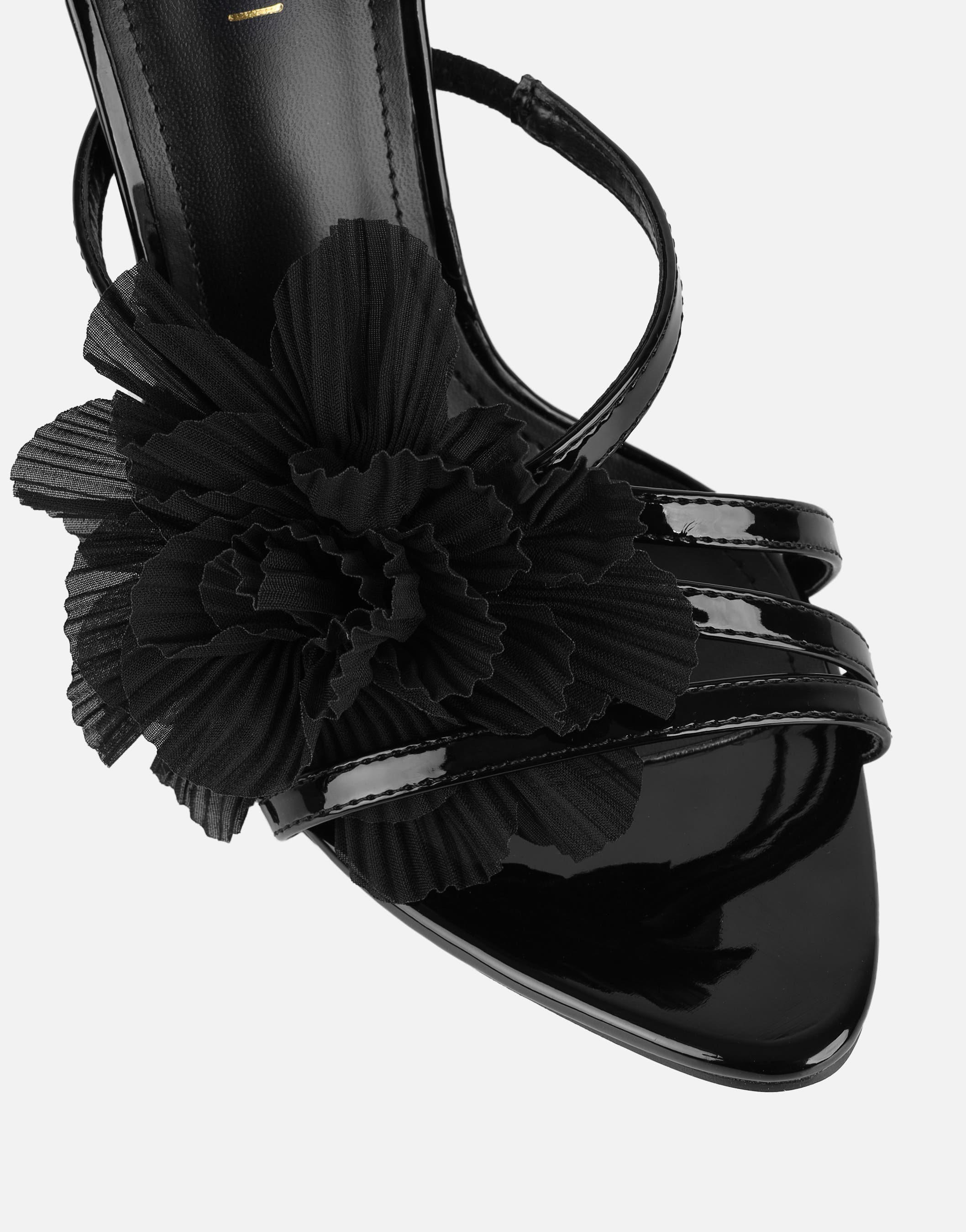 Tina Black Patent Flower Detail Heeled Sandals | SIMMI London