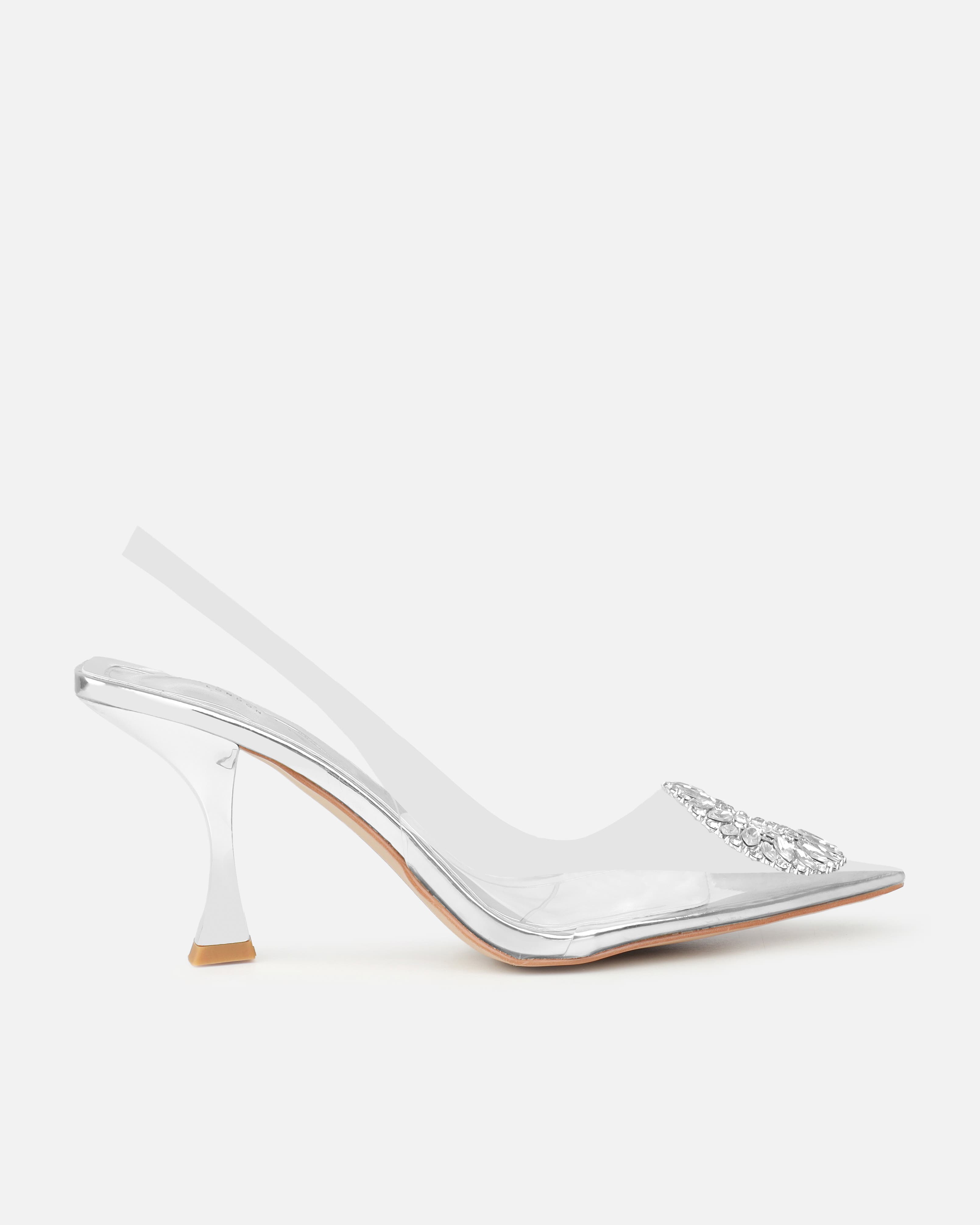 Alanis Silver Clear Diamante Slingback Mid Heel Courts | SIMMI London