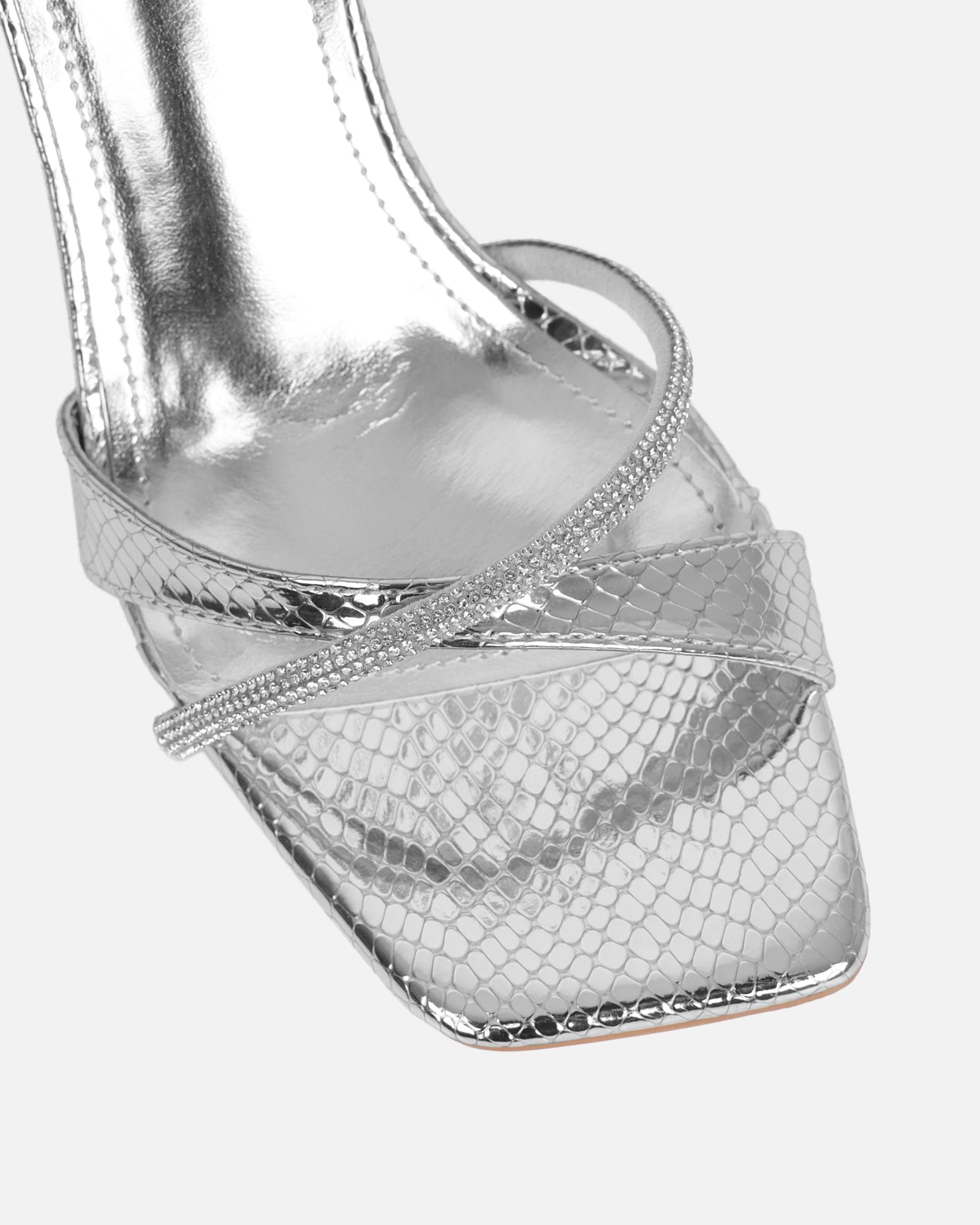 Aliki Silver Snake Diamante Heeled Sandals | SIMMI London