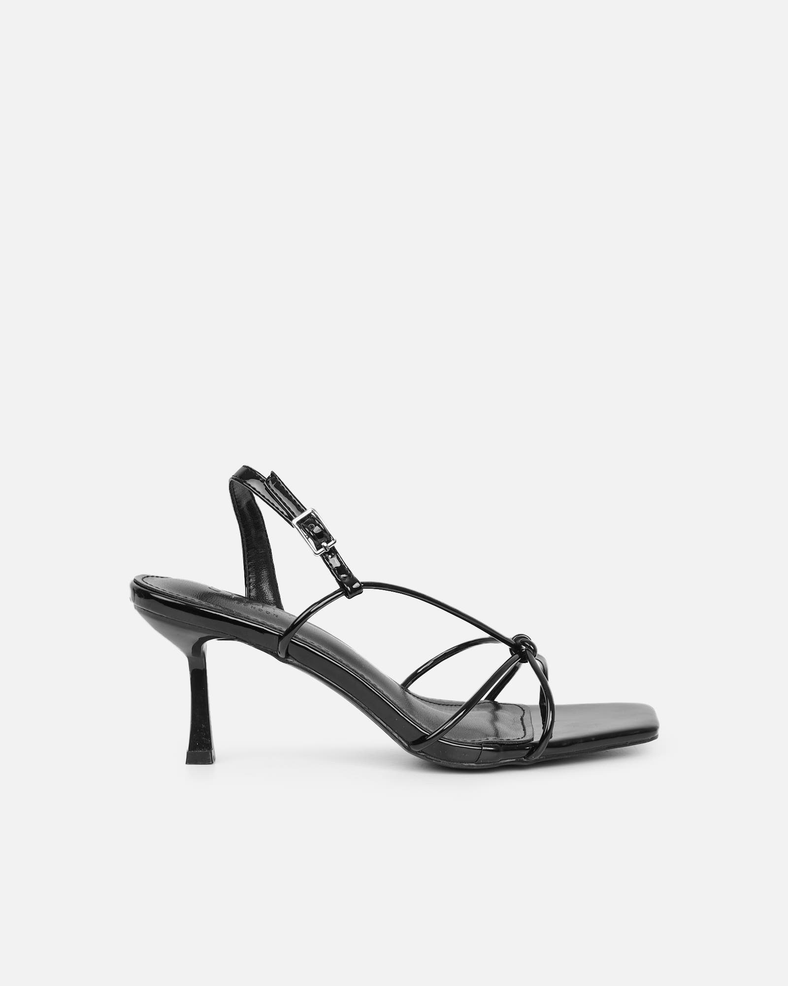 Aixa Black Patent Strappy Knot Heeled Sandals | SIMMI London