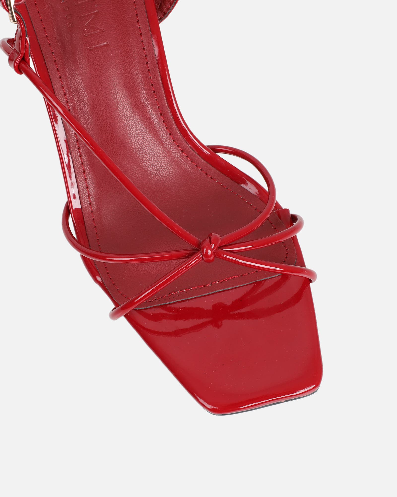 Aixa Burgundy Patent Strappy Knot Heeled Sandals | SIMMI London