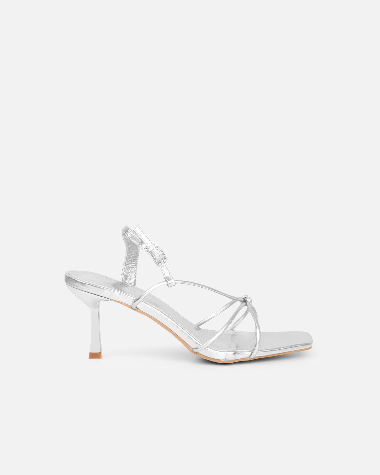 Aixa Silver Metallic Strappy Knot Heeled Sandals | SIMMI London