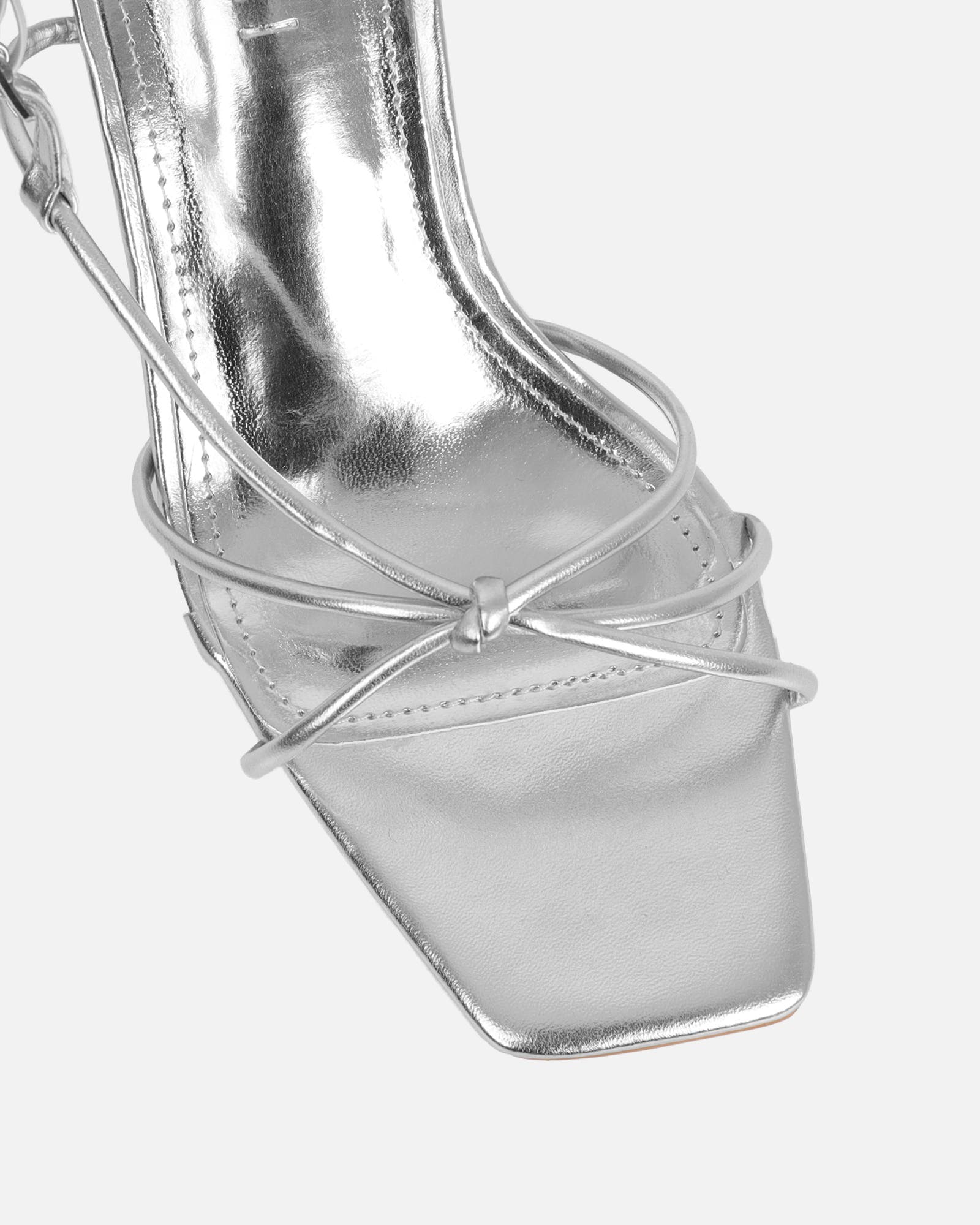 Aixa Silver Metallic Strappy Knot Heeled Sandals | SIMMI London