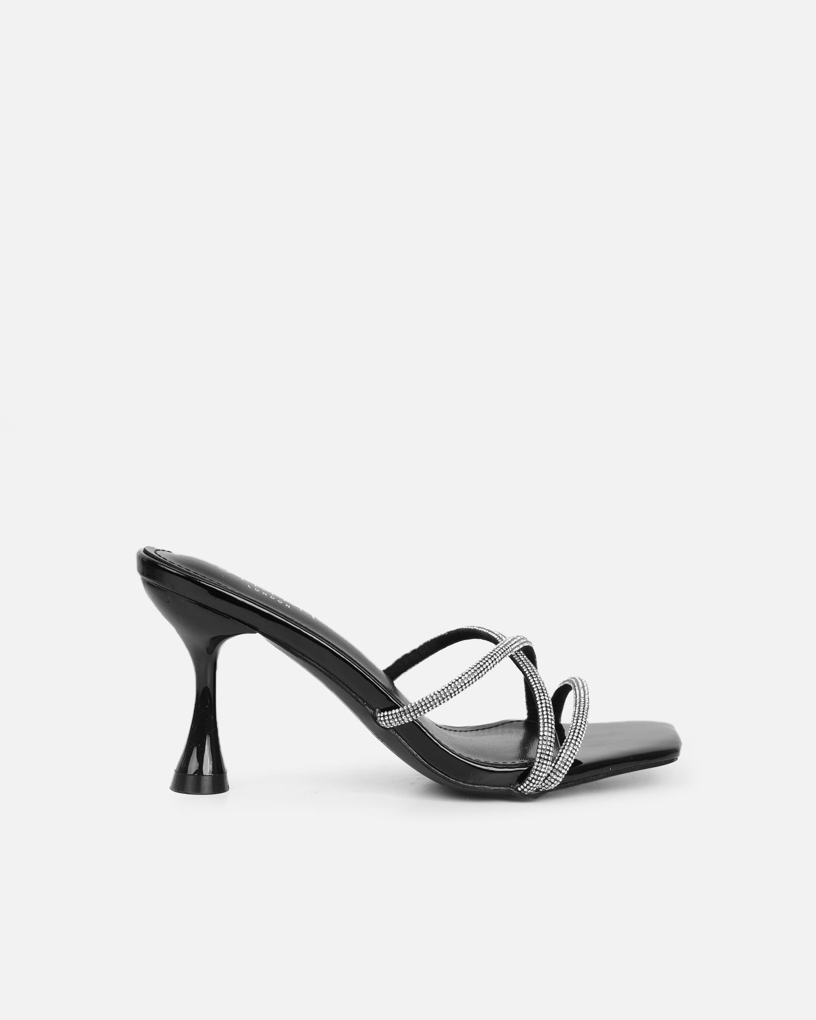 Aubria Black Patent Diamante Mid Heeled Sandals | SIMMI London