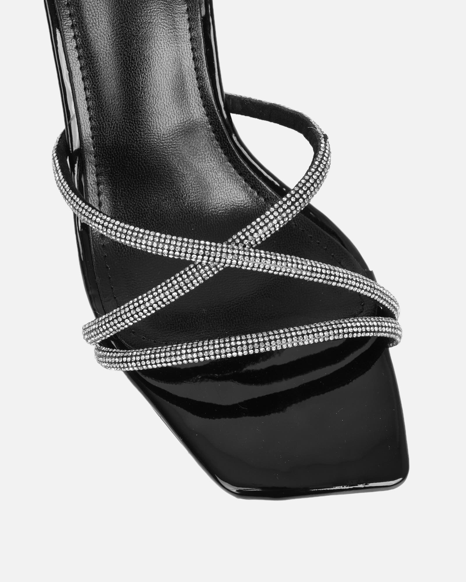 Aubria Black Patent Diamante Mid Heeled Sandals | SIMMI London