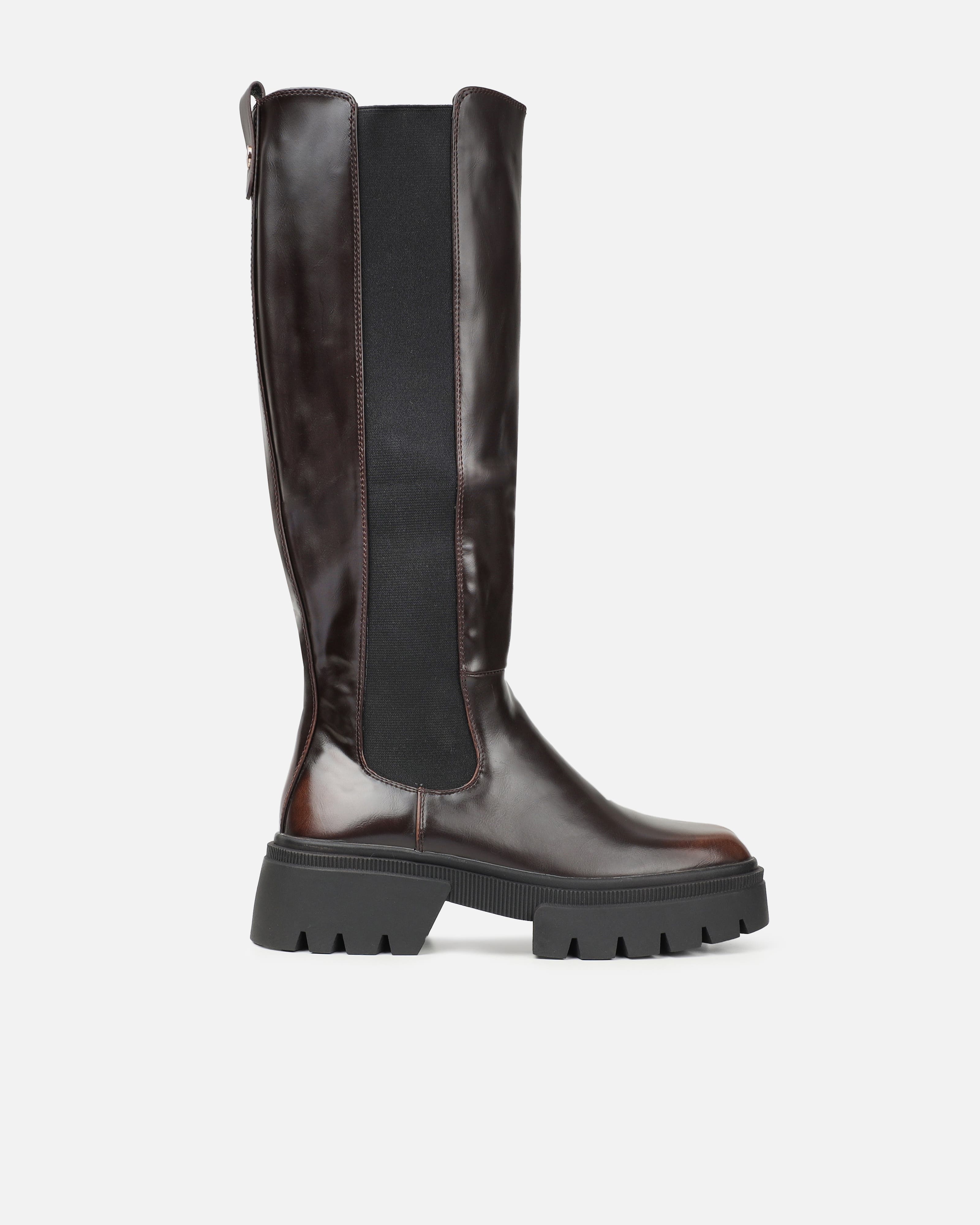 Brookes Brown Burnished Knee High Chunky Boots | SIMMI London