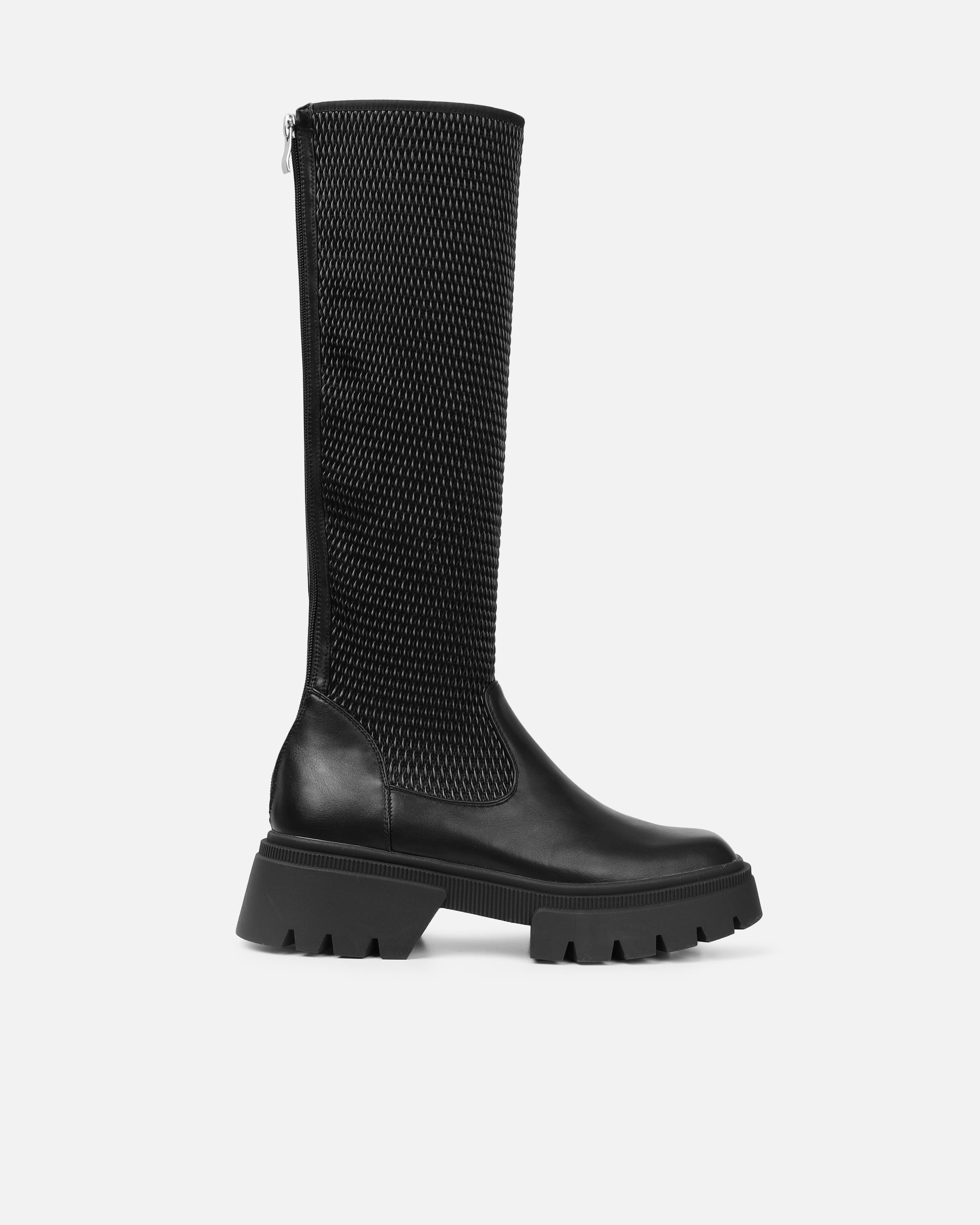 Fidel Black Textured Chunky Knee Boots | SIMMI London