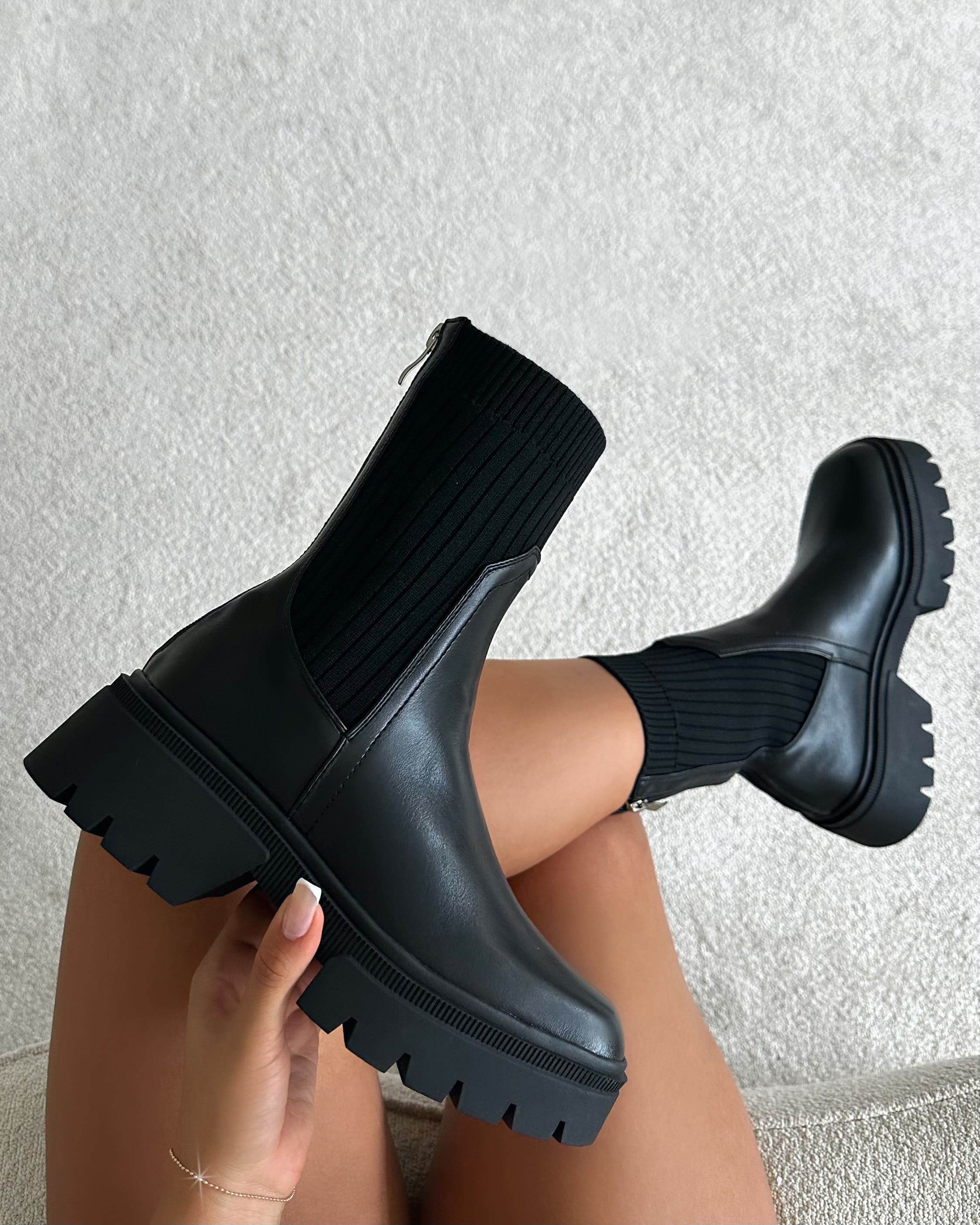 Malakai Black Knit Chunky Ankle Boots | SIMMI London