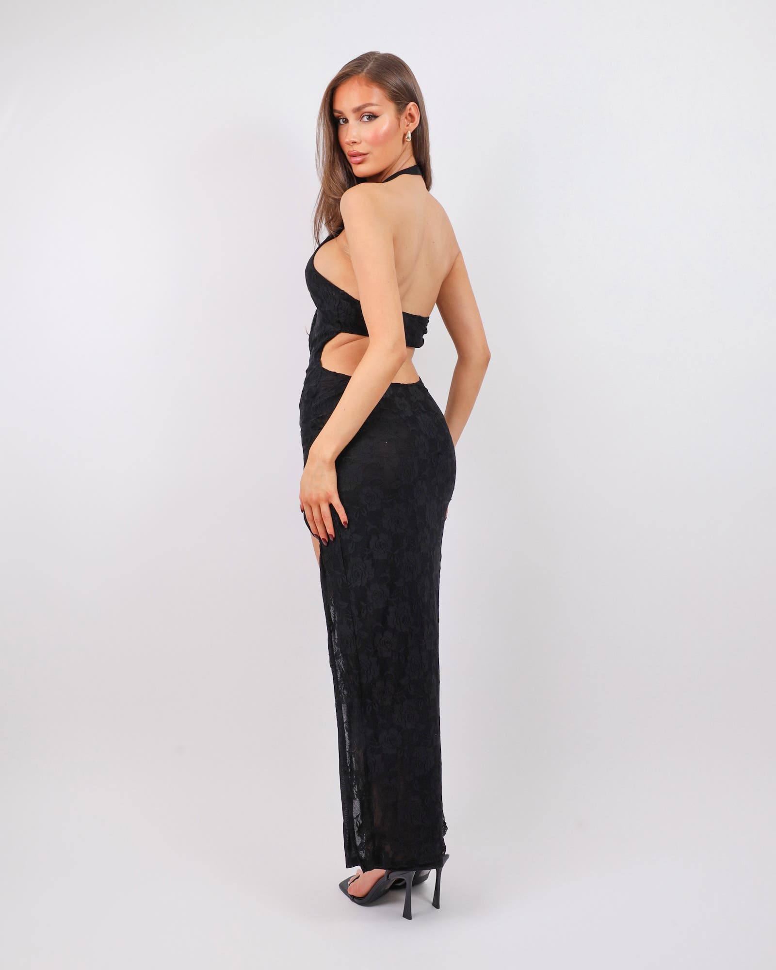 Noir Black Lace Thigh Split Maxi Dress | SIMMI London