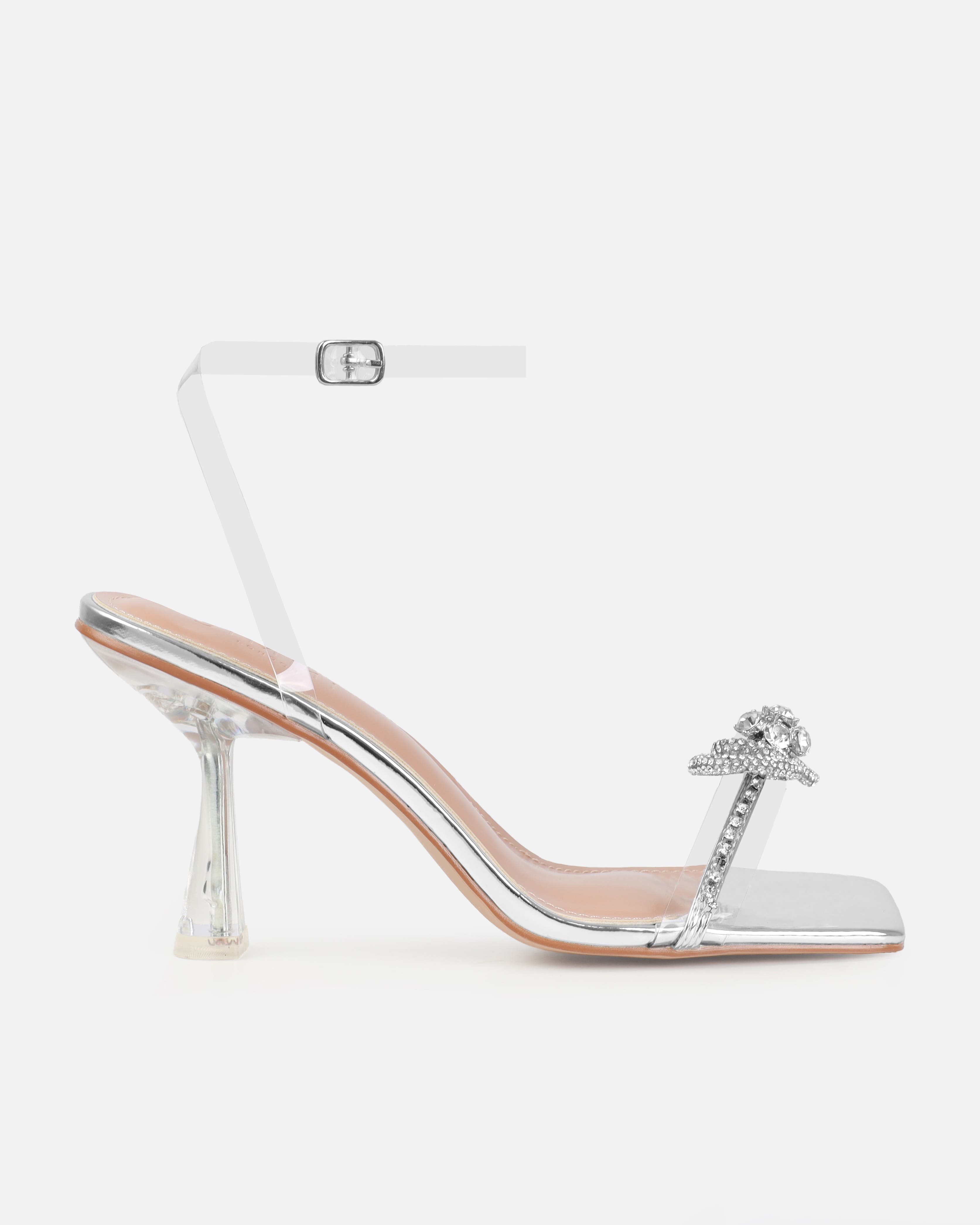 Dionne Crowe Diamond Silver Clear Diamante Bow Mid Heels | SIMMI London