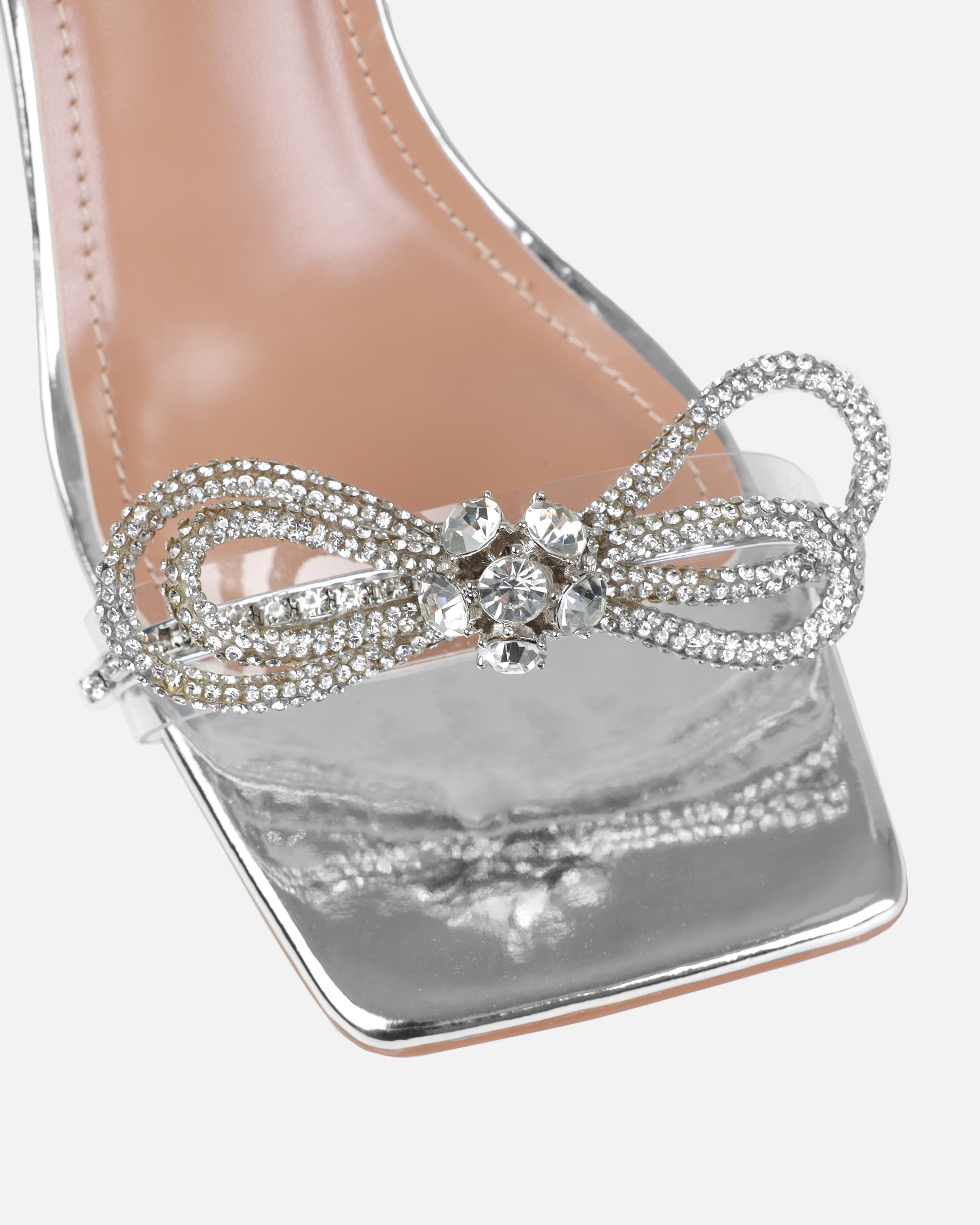Dionne Crowe Diamond Silver Clear Diamante Bow Mid Heels | SIMMI London