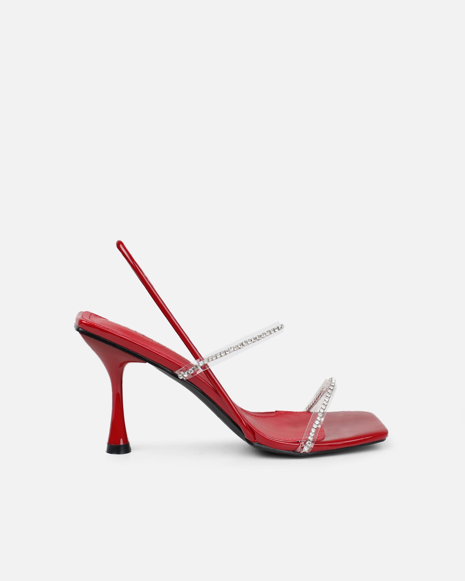 Confetti Dark Red Patent Clear Diamante Mid Heeled Sandals | SIMMI London