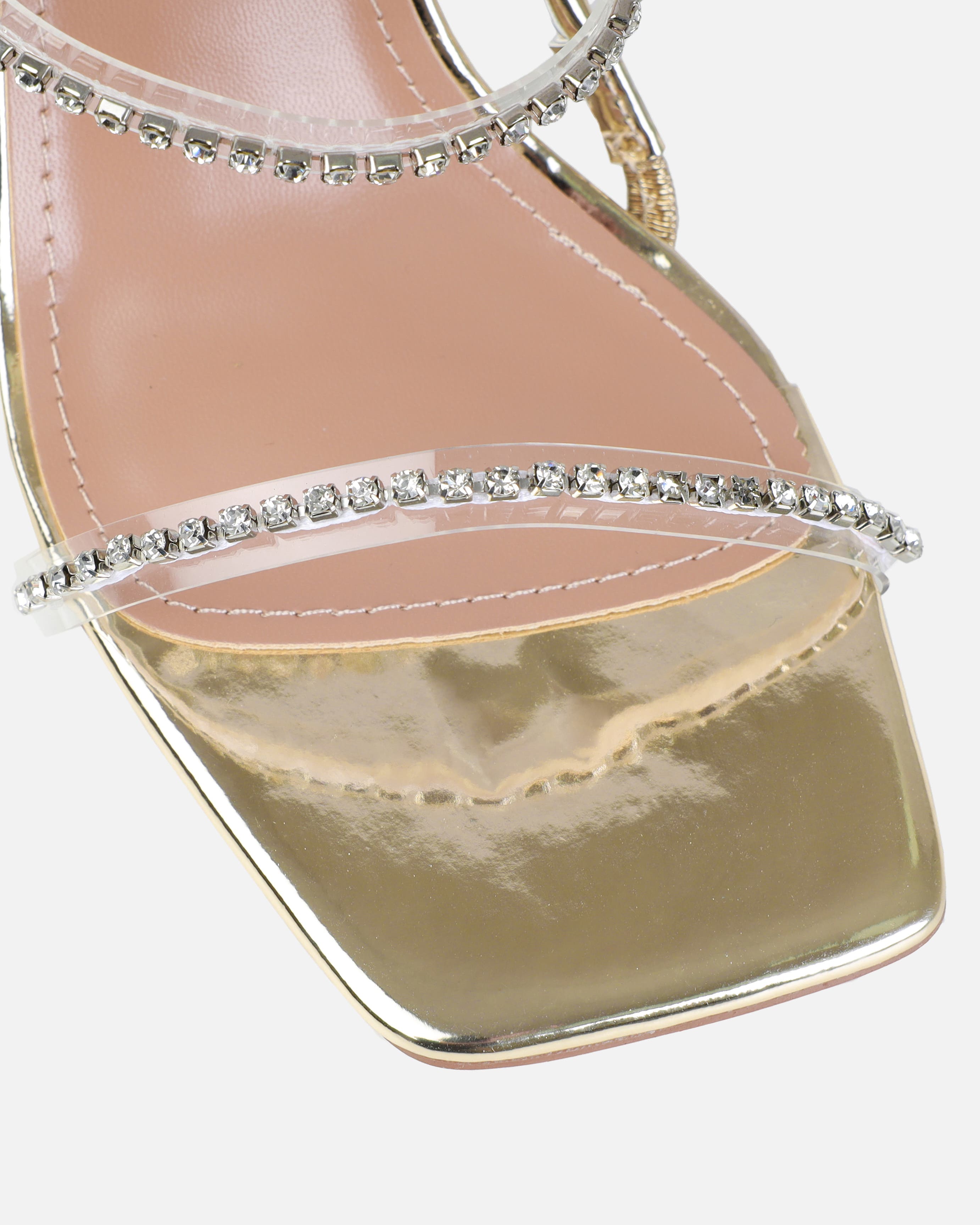 Dionne Crowe Confetti Gold Clear Diamante Mid Heel Mules | SIMMI London