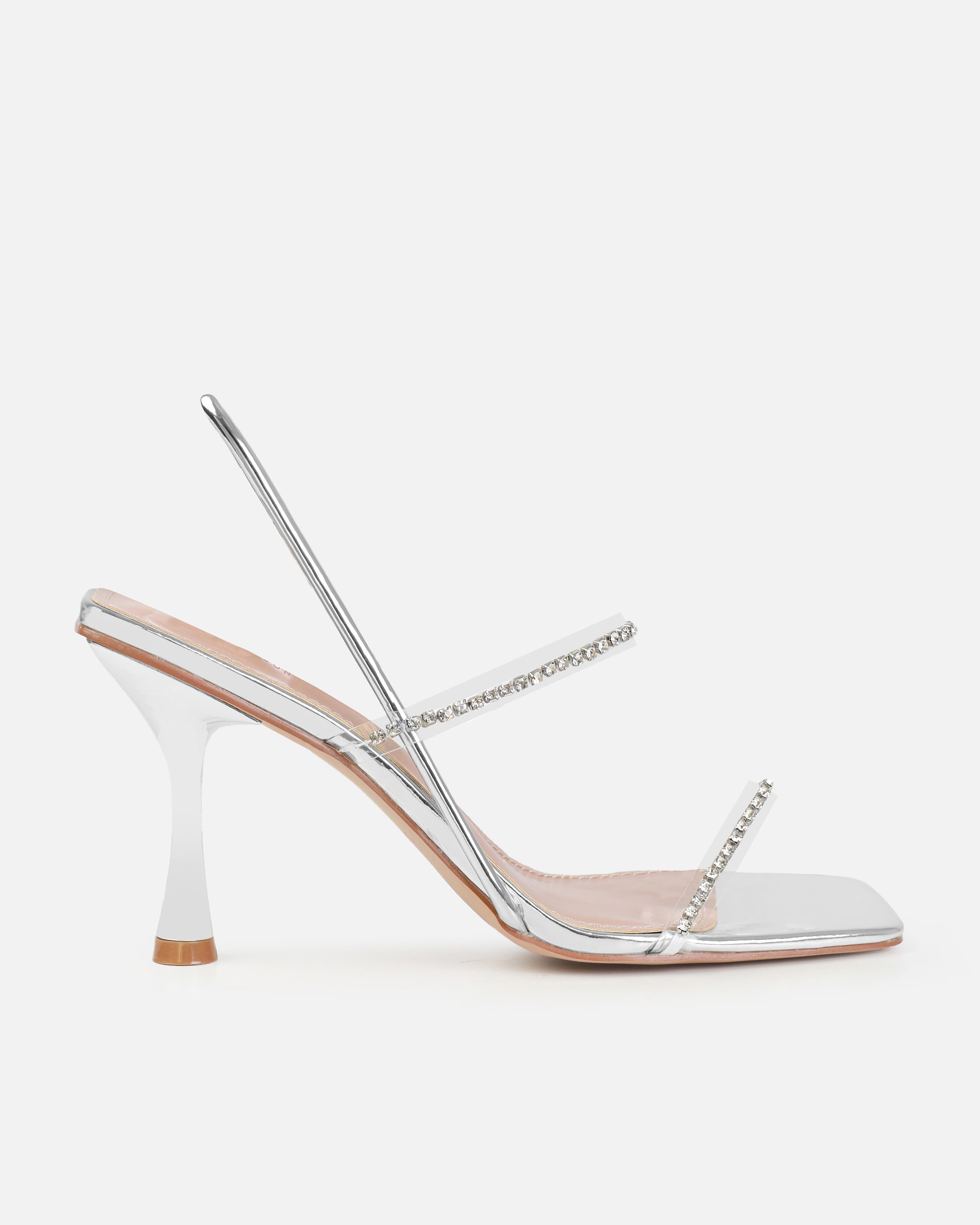 Confetti Silver Clear Diamante Mid Heels | SIMMI London