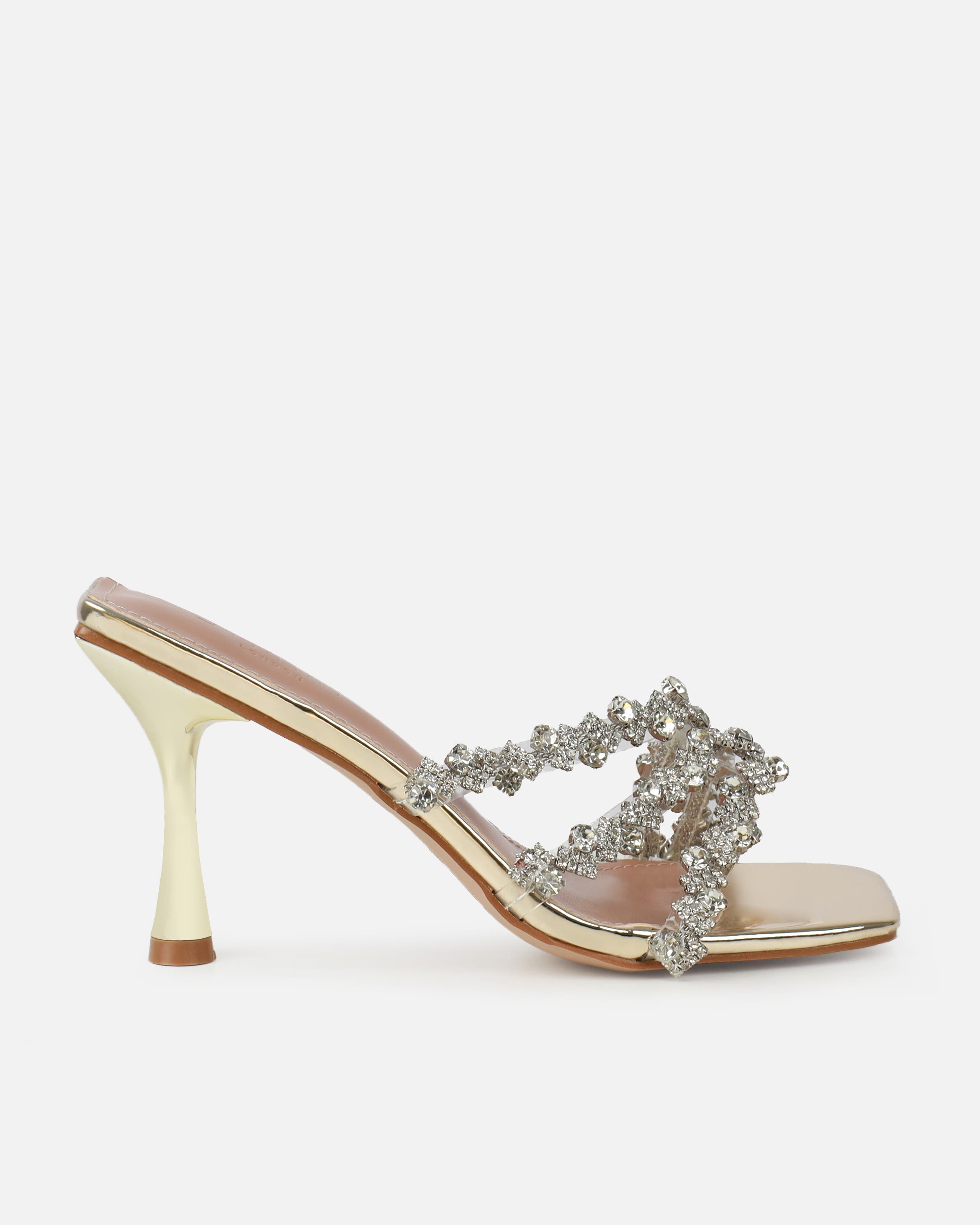 Blushing Gold Mirror Diamante Mid Heel Mules | SIMMI London