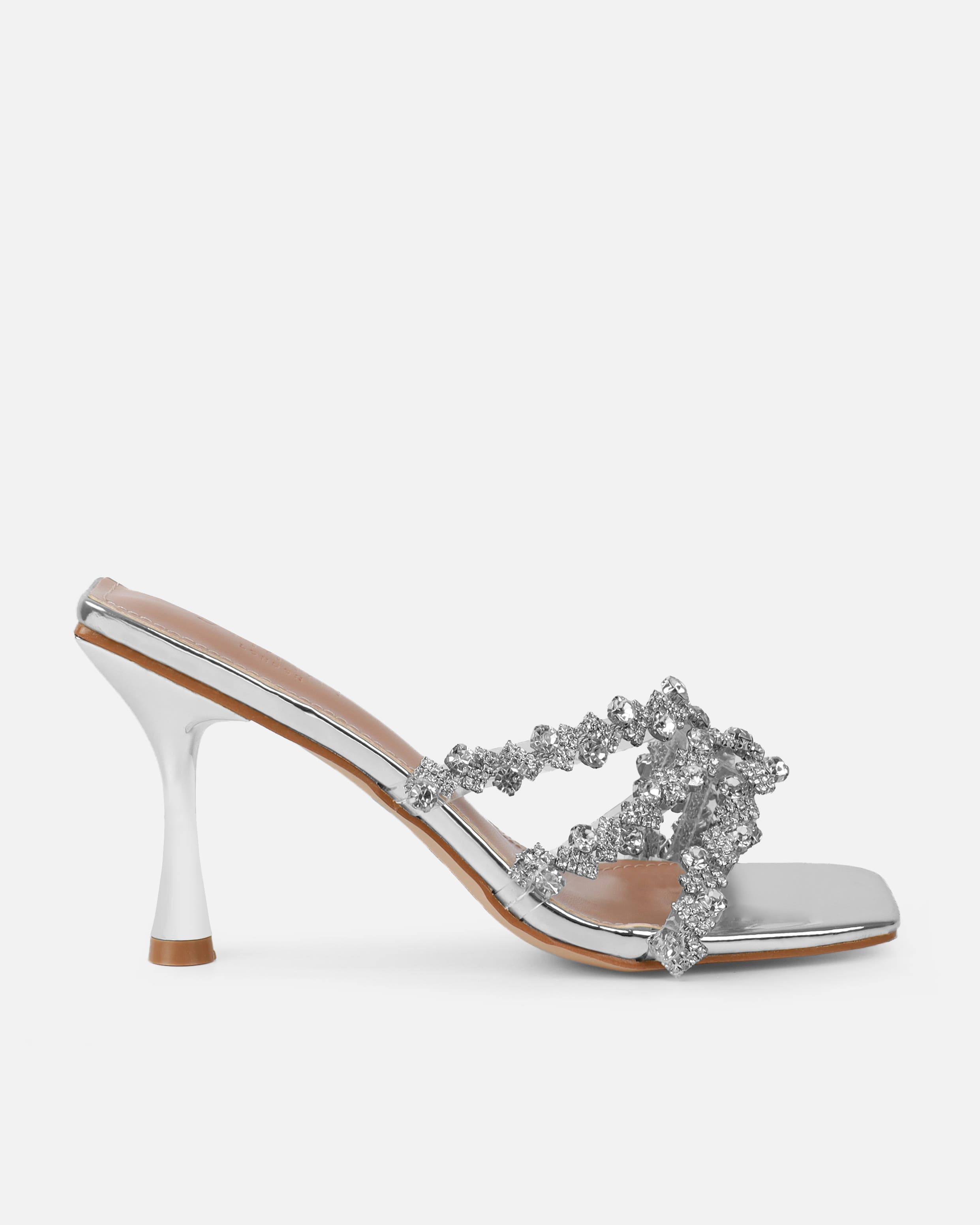 Blushing Silver Mirror Diamante Mid Heel Mules | SIMMI London