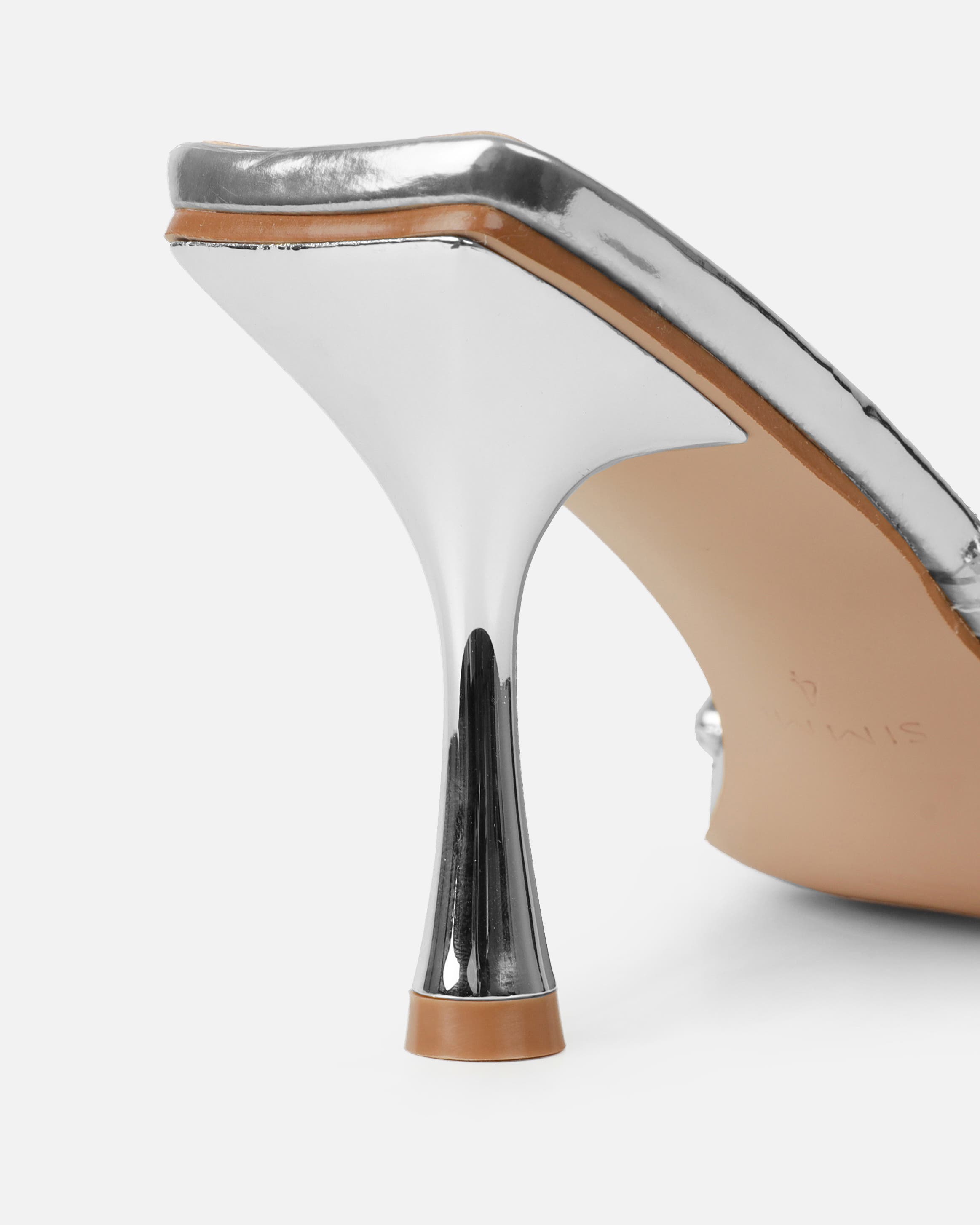 Blushing Silver Mirror Diamante Mid Heel Mules | SIMMI London