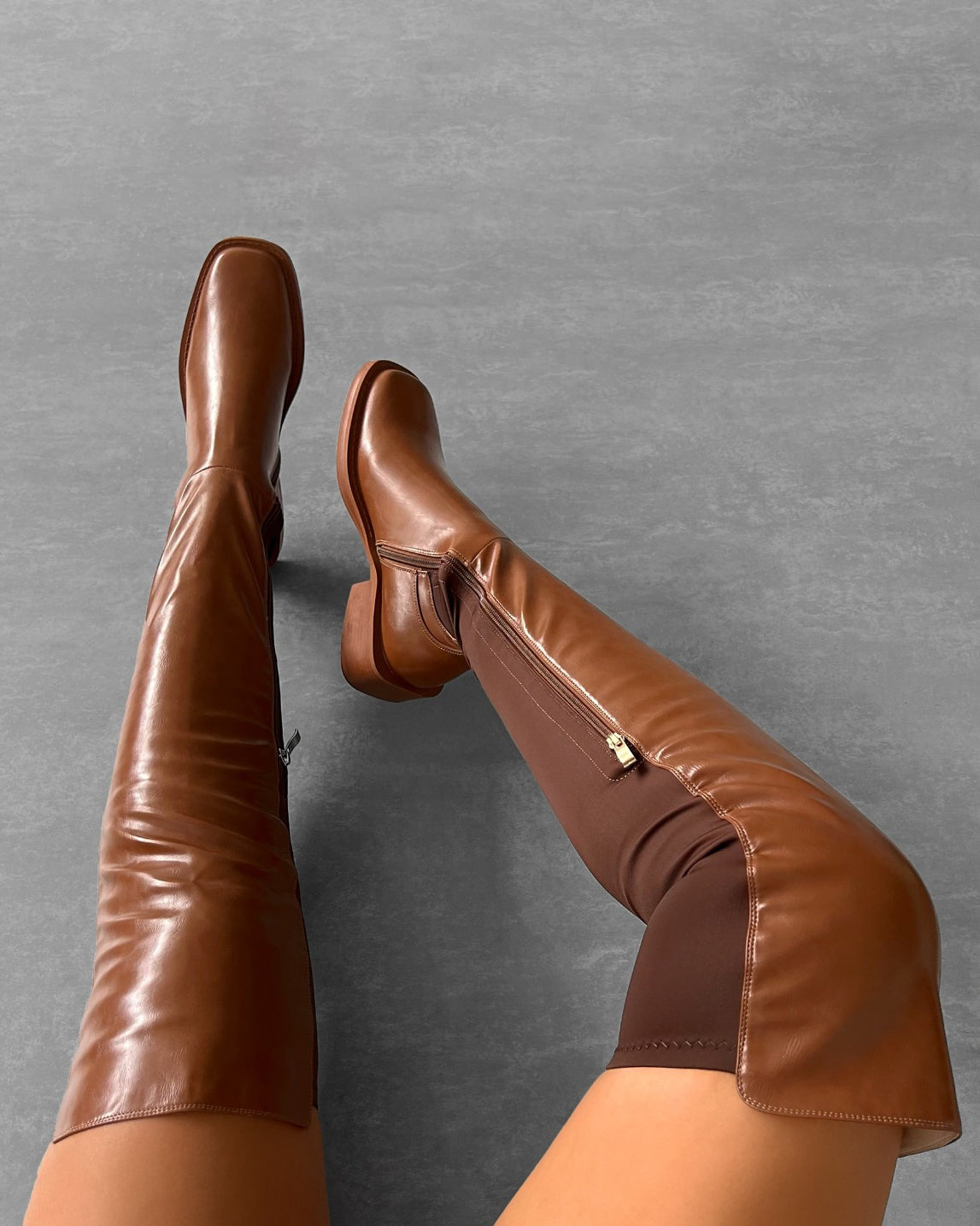 Luigi Tan Lycra Flat Thigh High Boots SIMMI London