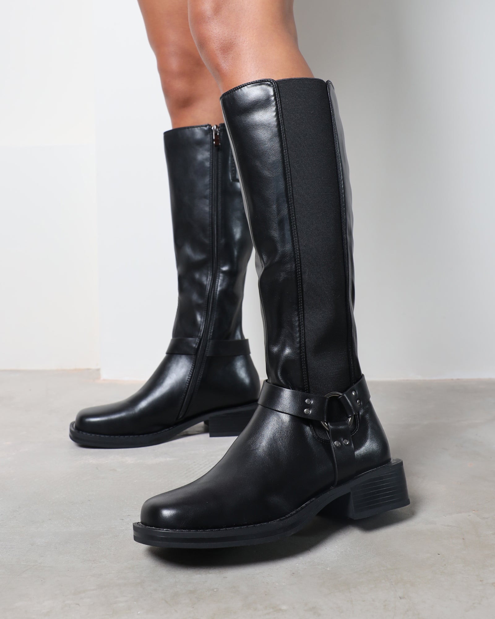 Collins black harness knee high biker boots SIMMI London