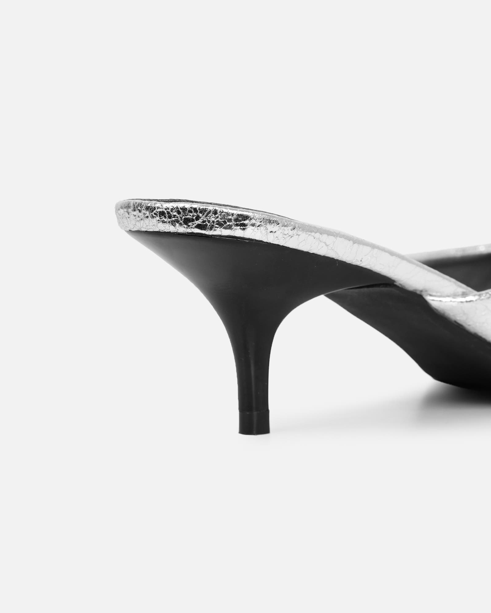 Carson Silver Cracked Kitten Heeled Mules | SIMMI London