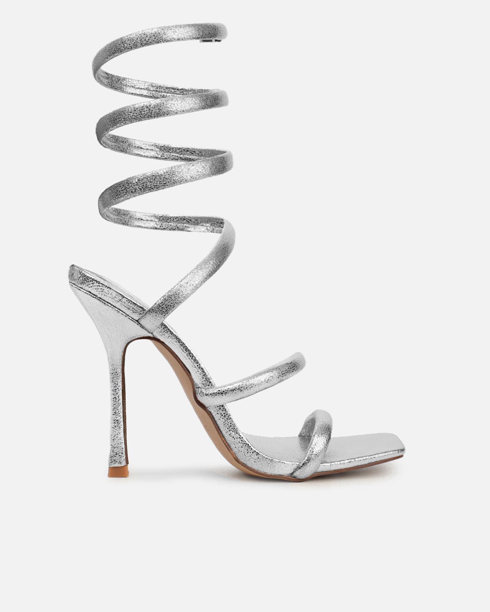 Corrina Silver Metallic Spiral Heeled Sandals | SIMMI London